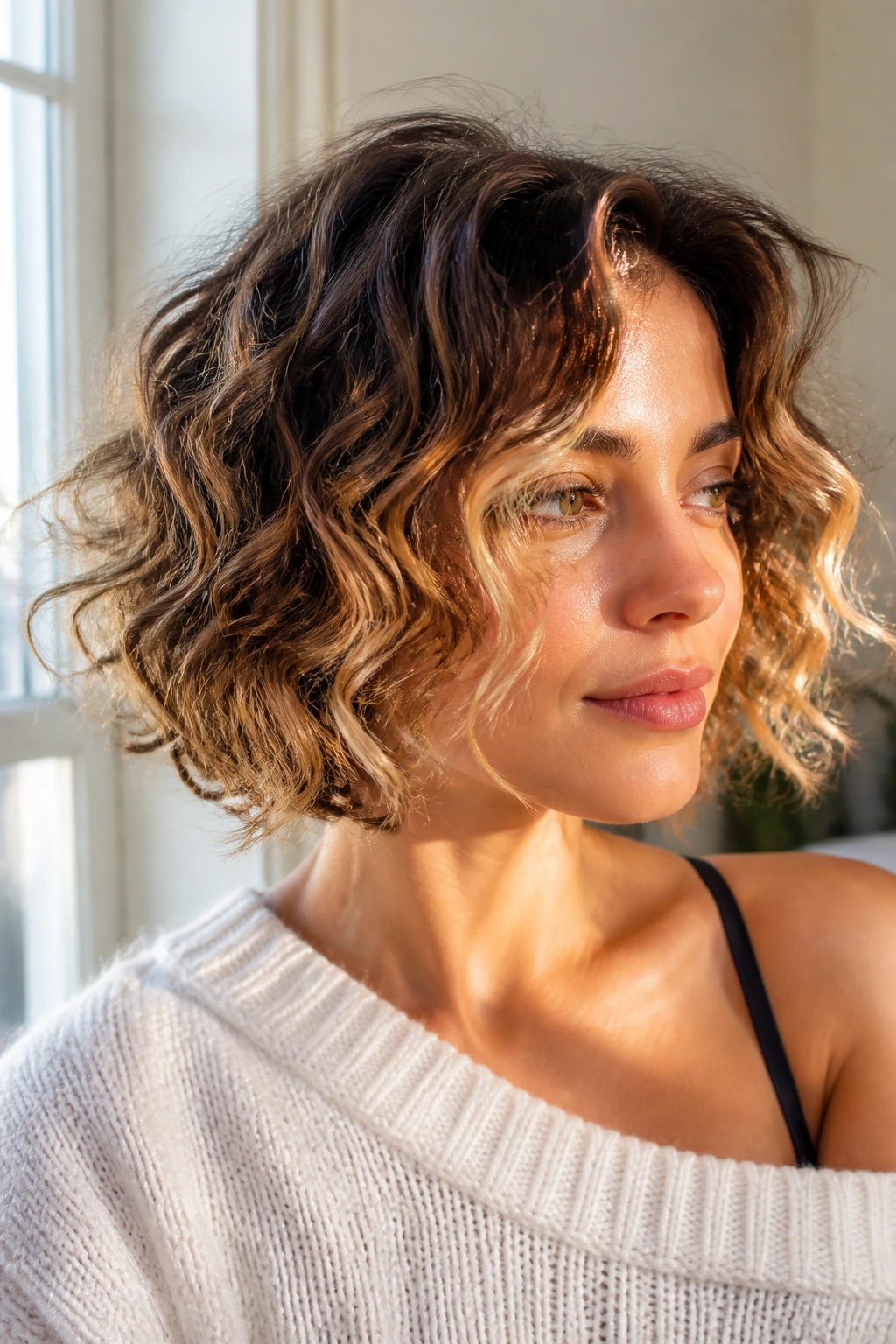 Close-up of a real woman with air-dried curly bob and sunlit balayage.