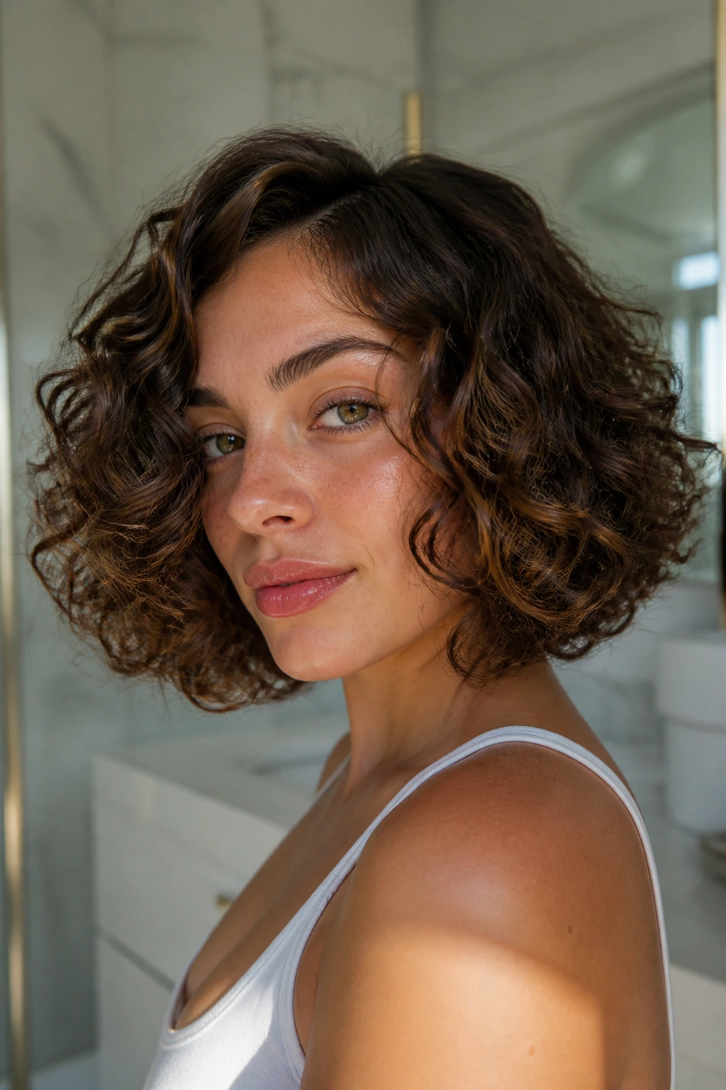 Close-up of a real person with an air-dried curly bob showing hazelnut depth