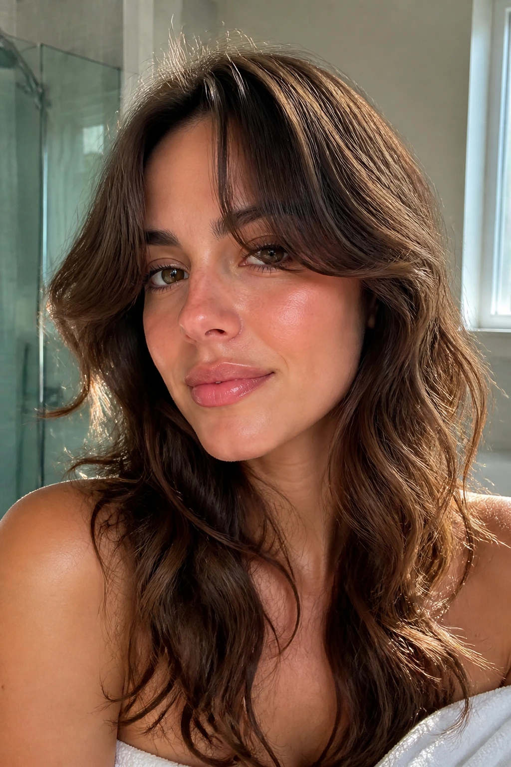 Real woman with air-dried drapes and defined ends in natural light