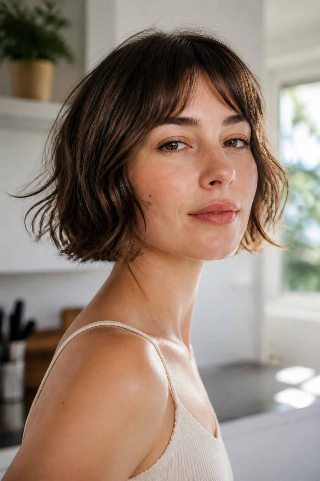 Medium-close portrait of a real woman with a jaw-length, air-dried French bob with loose ends.
