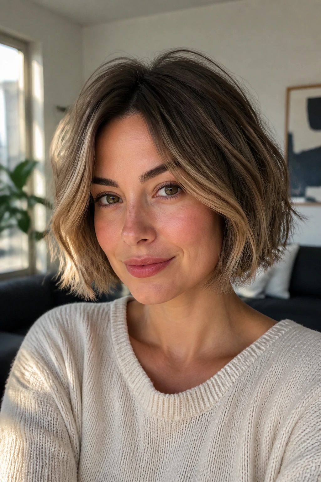 Portrait of a real woman with an air-dried French bob and biscotti highlights.