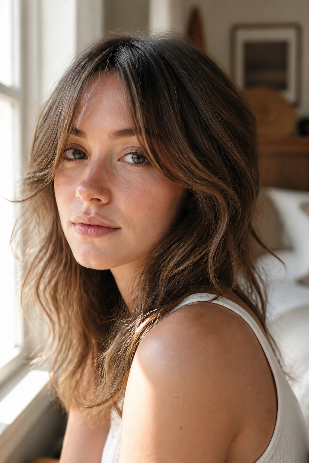 Close-up portrait of air-dried bend curtain bangs on a real woman