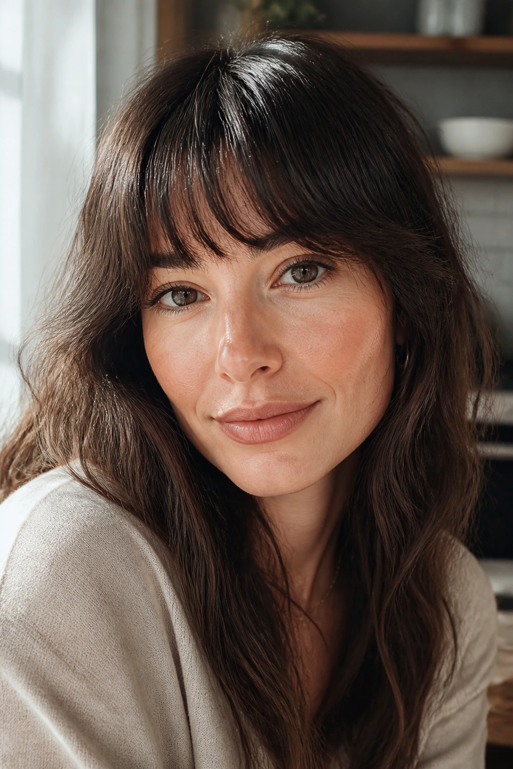 Close-up portrait of a real person with air-dried fringe showing a natural bend