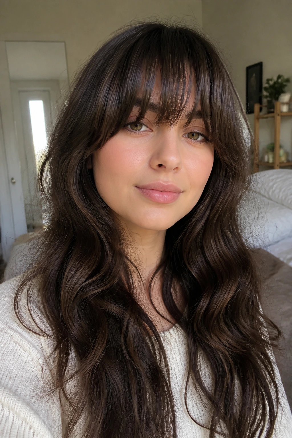 Close-up portrait of a real person with a natural-waves fringe dried naturally in bright morning light