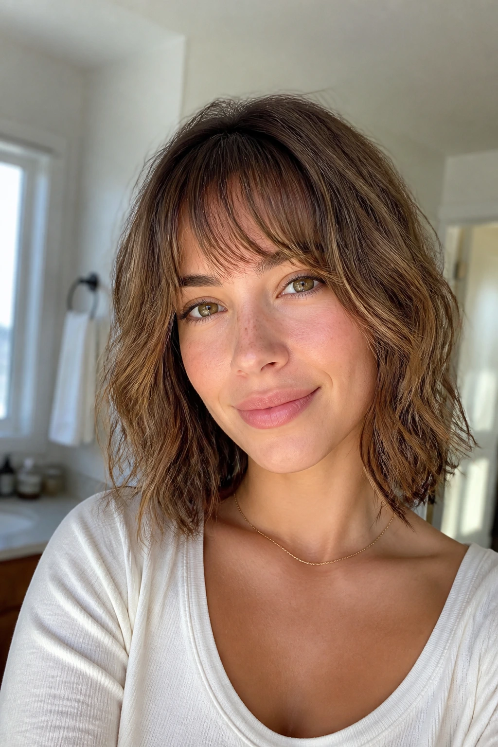 Close-up of a real woman with air-dried fringe following natural waves