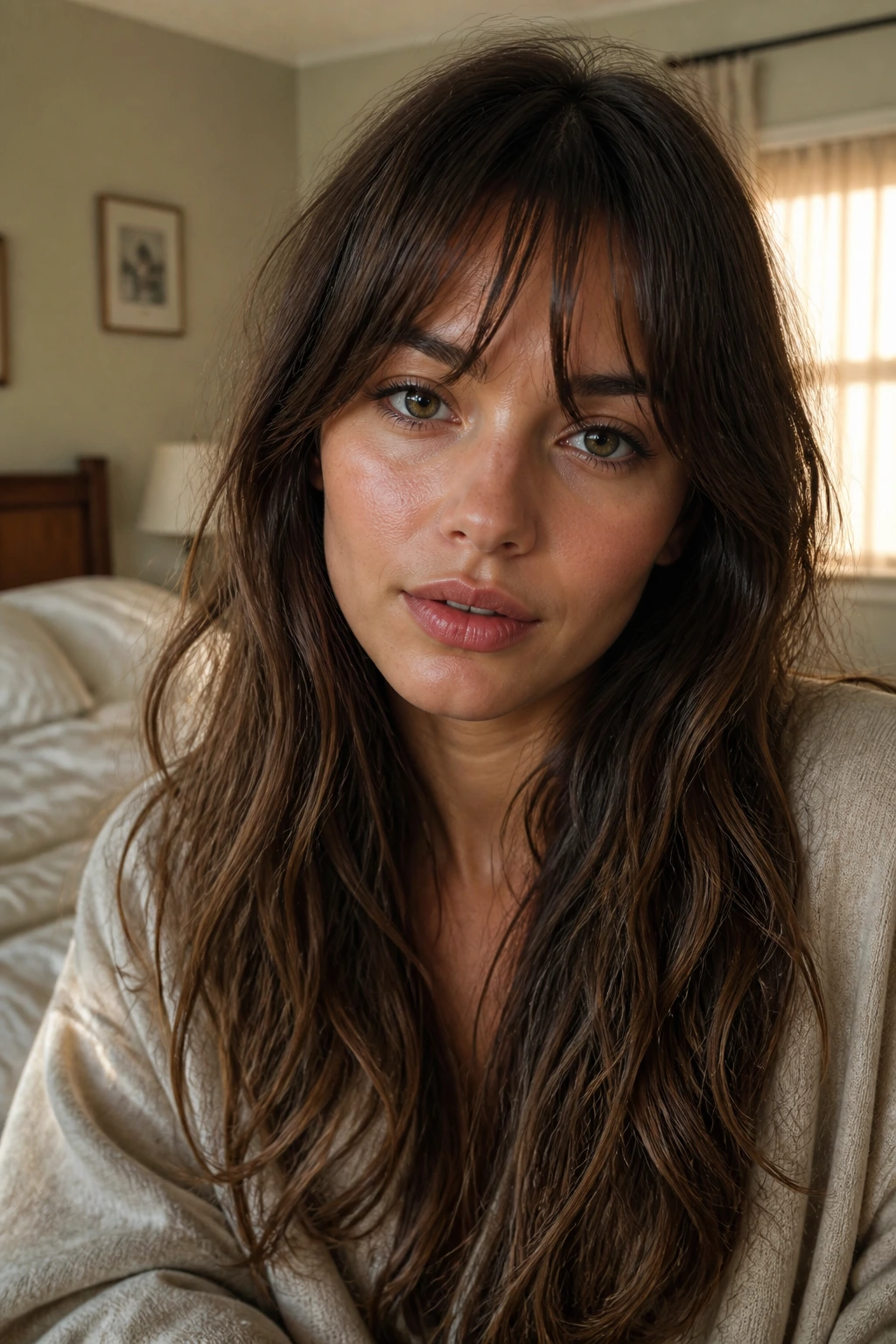 Close-up portrait of a real woman with air-dried tousled fringe in a softly lit bedroom