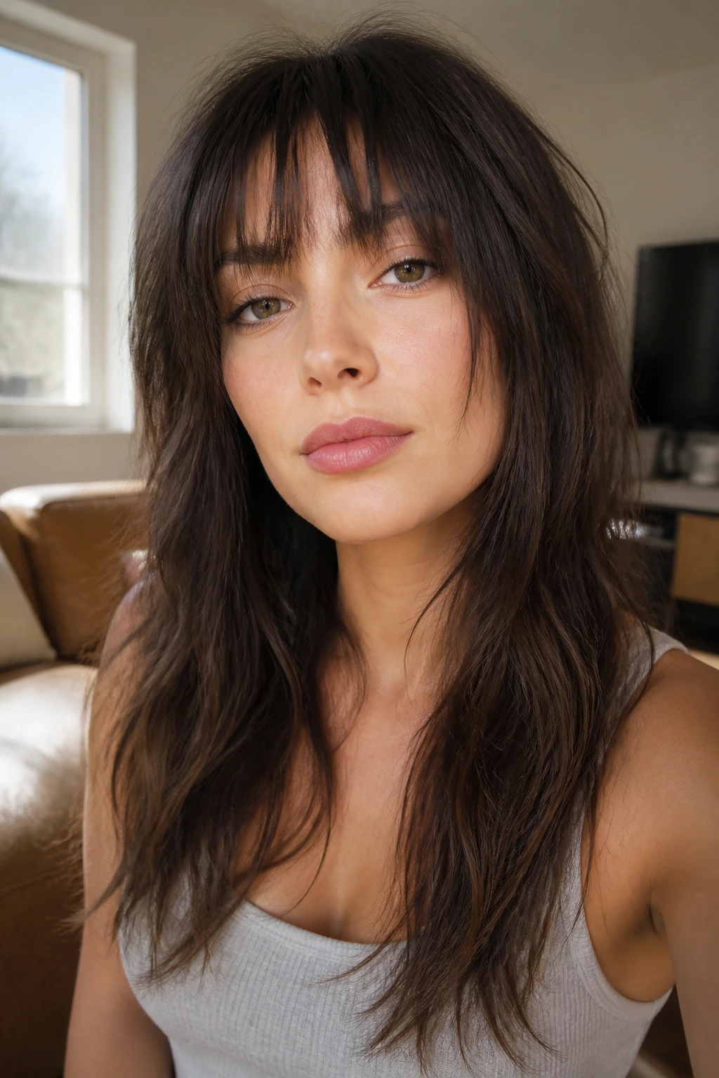 Close-up of a real woman with air-dried fringe broken texture in warm window light