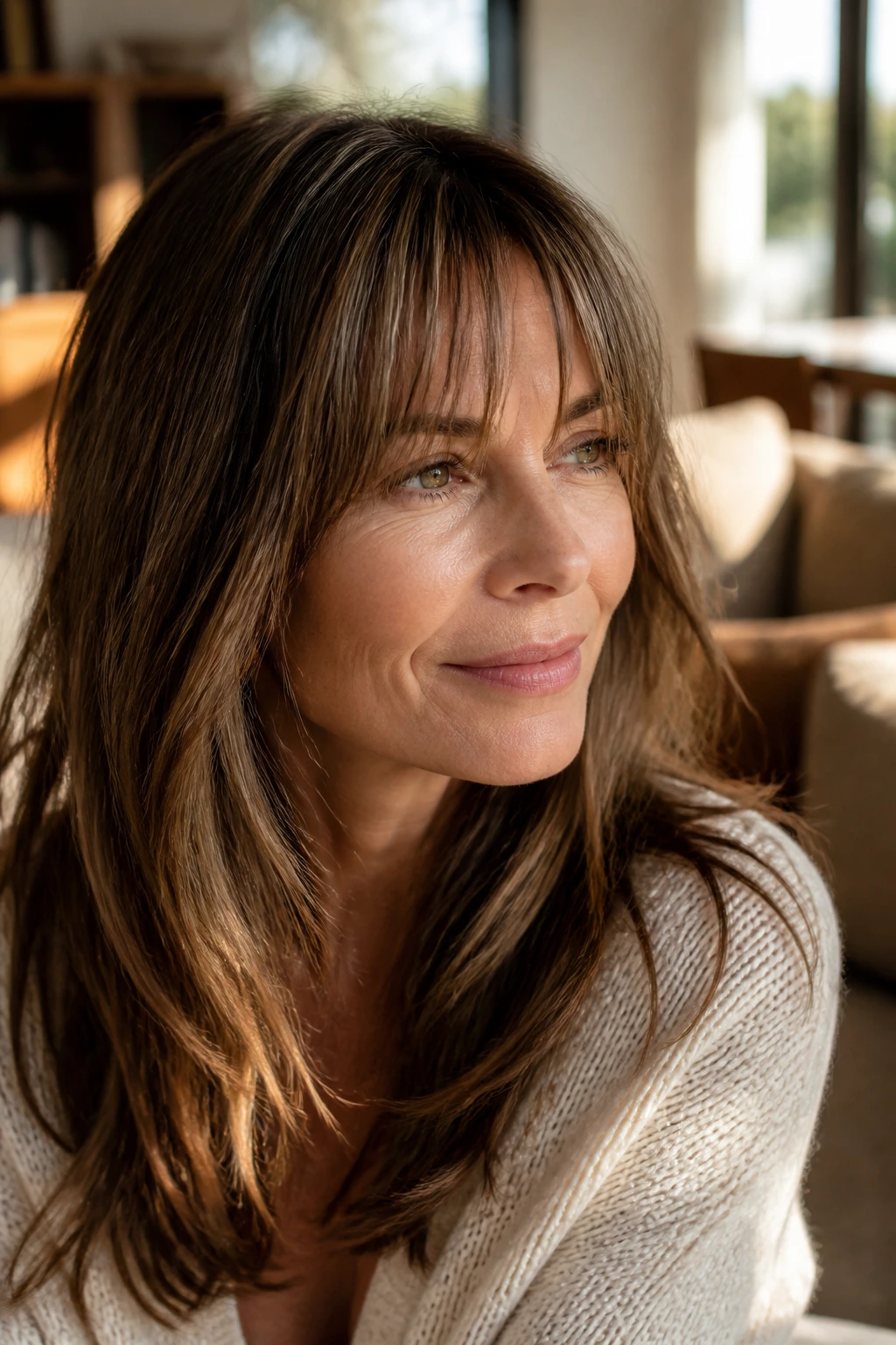 Close-up of a real woman with long, air-dried fringe and relaxed texture