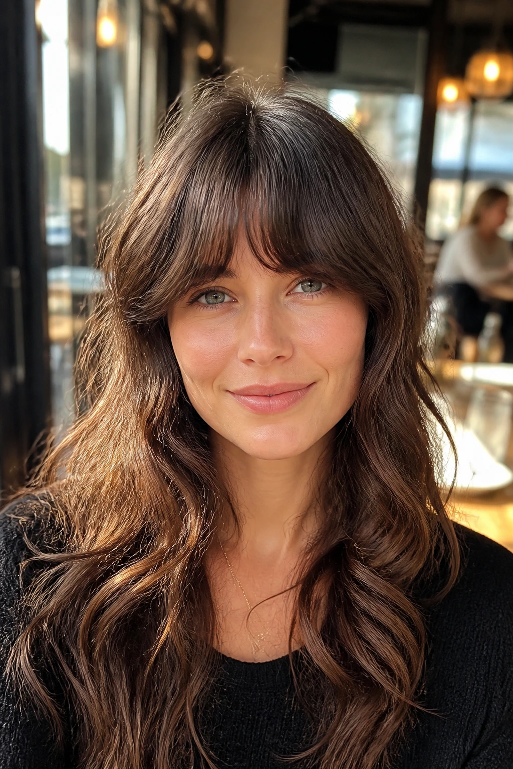 Shoulder-up portrait of a real woman with air-dried wavy fringe in sunlit setting