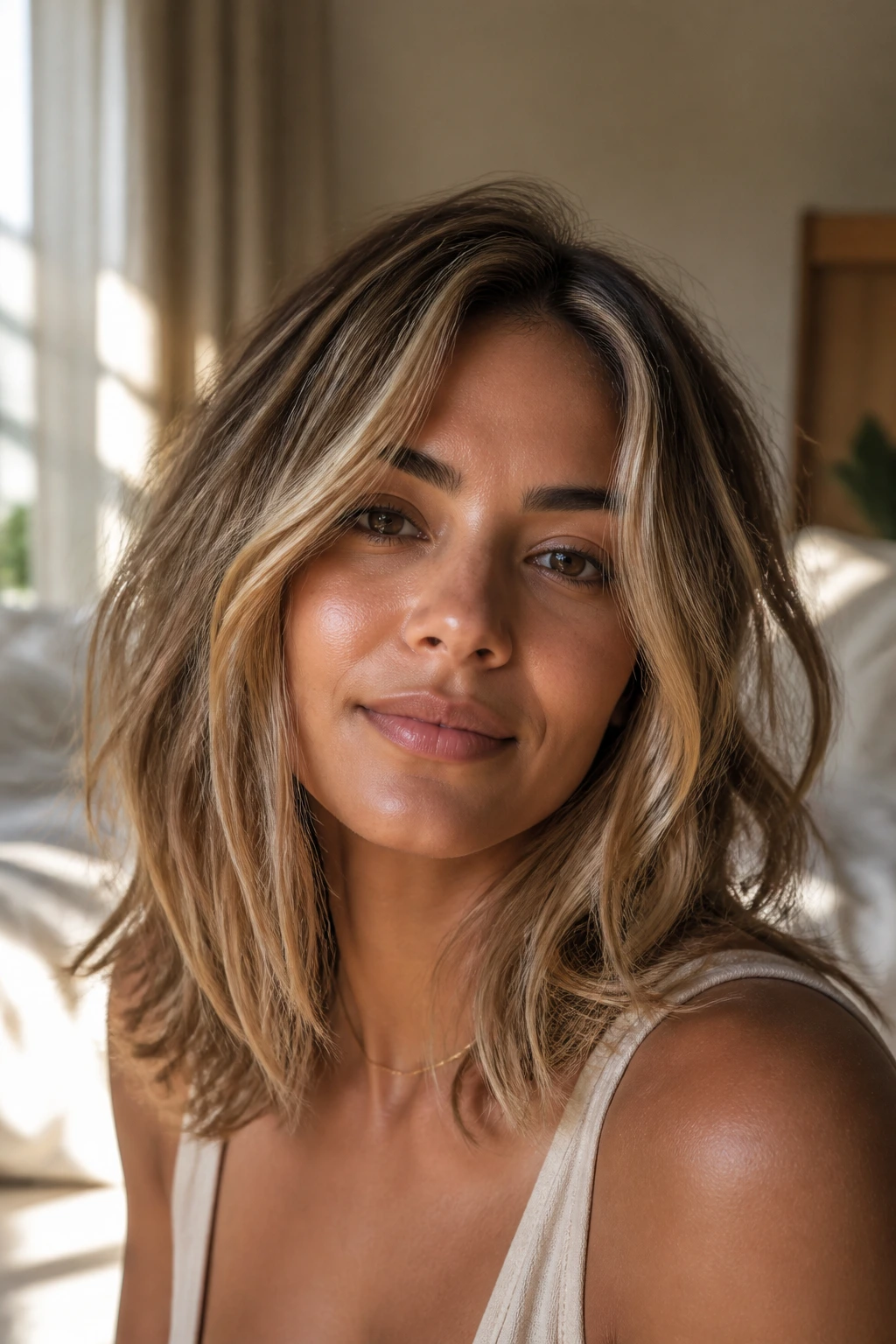 Close-up of a real woman with an air-dried midi cut in golden sand dimension.