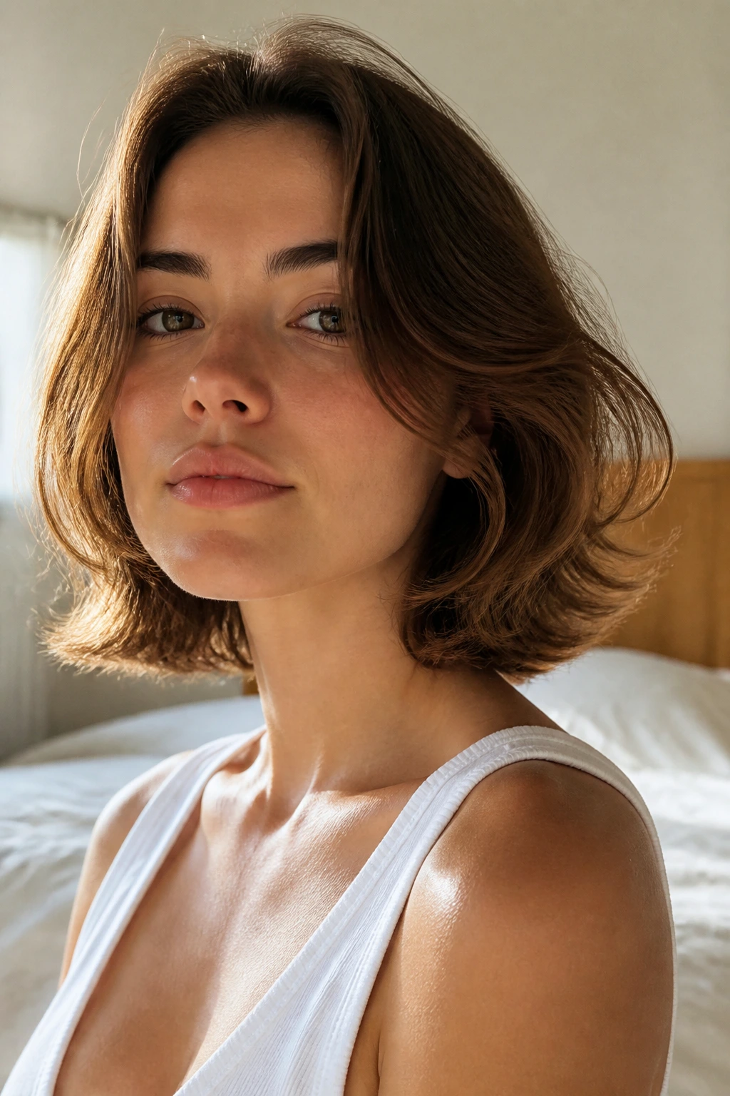 Close-up of a real woman with air-dried midi flip hairstyle in natural light.