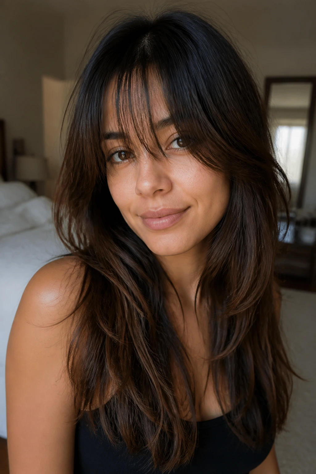 Close-up portrait of a real woman with wispy see-through bangs and long layered hair drying naturally