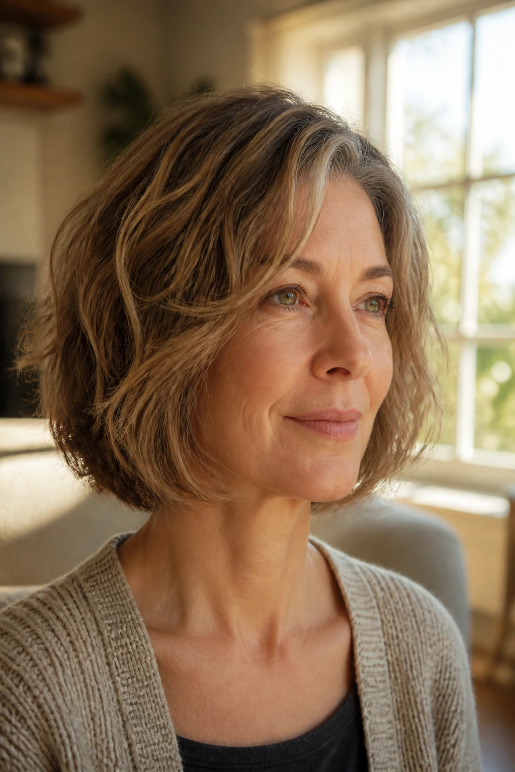 Close-up of a real woman with an air-dried layered bob in a sunlit living room