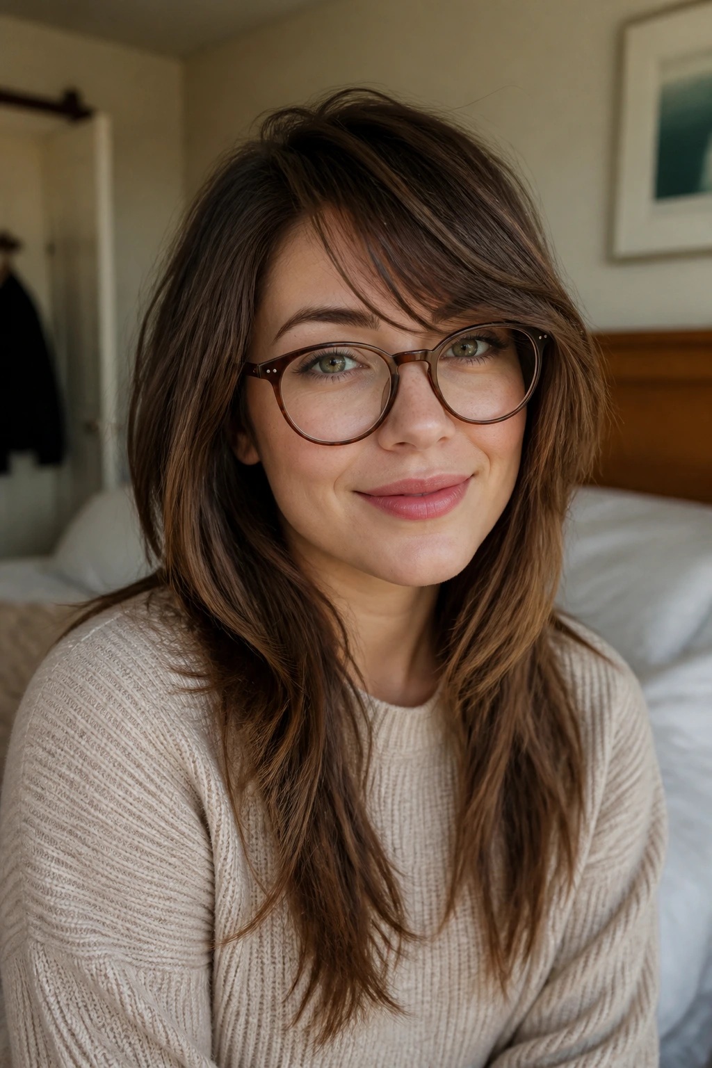 Portrait of a person with air-dried layered hair and side-swept front