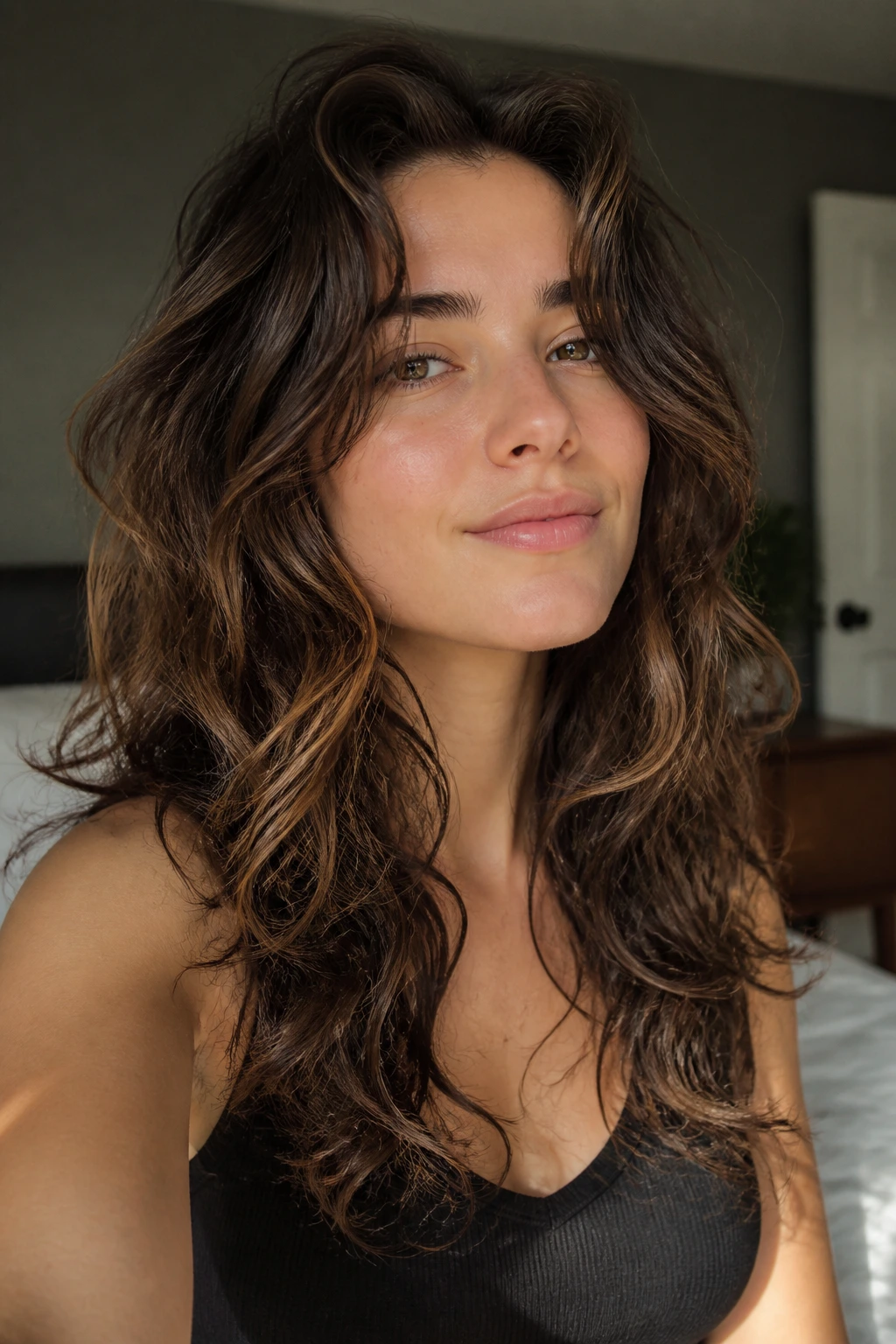 Close-up of a real woman with air-dried layered waves and natural texture.