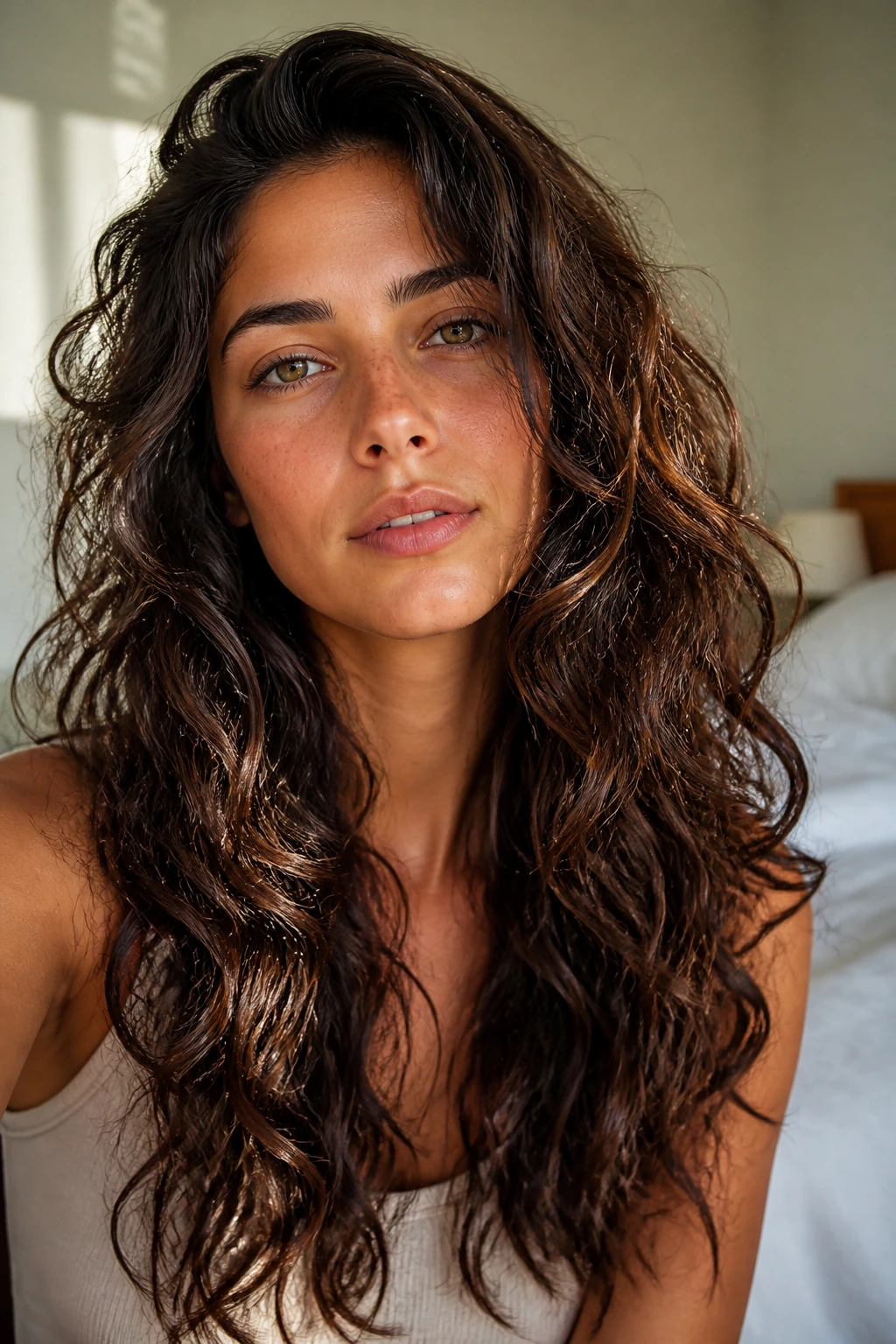 Close-up of curly hair with long layers and glossy ends on a real person