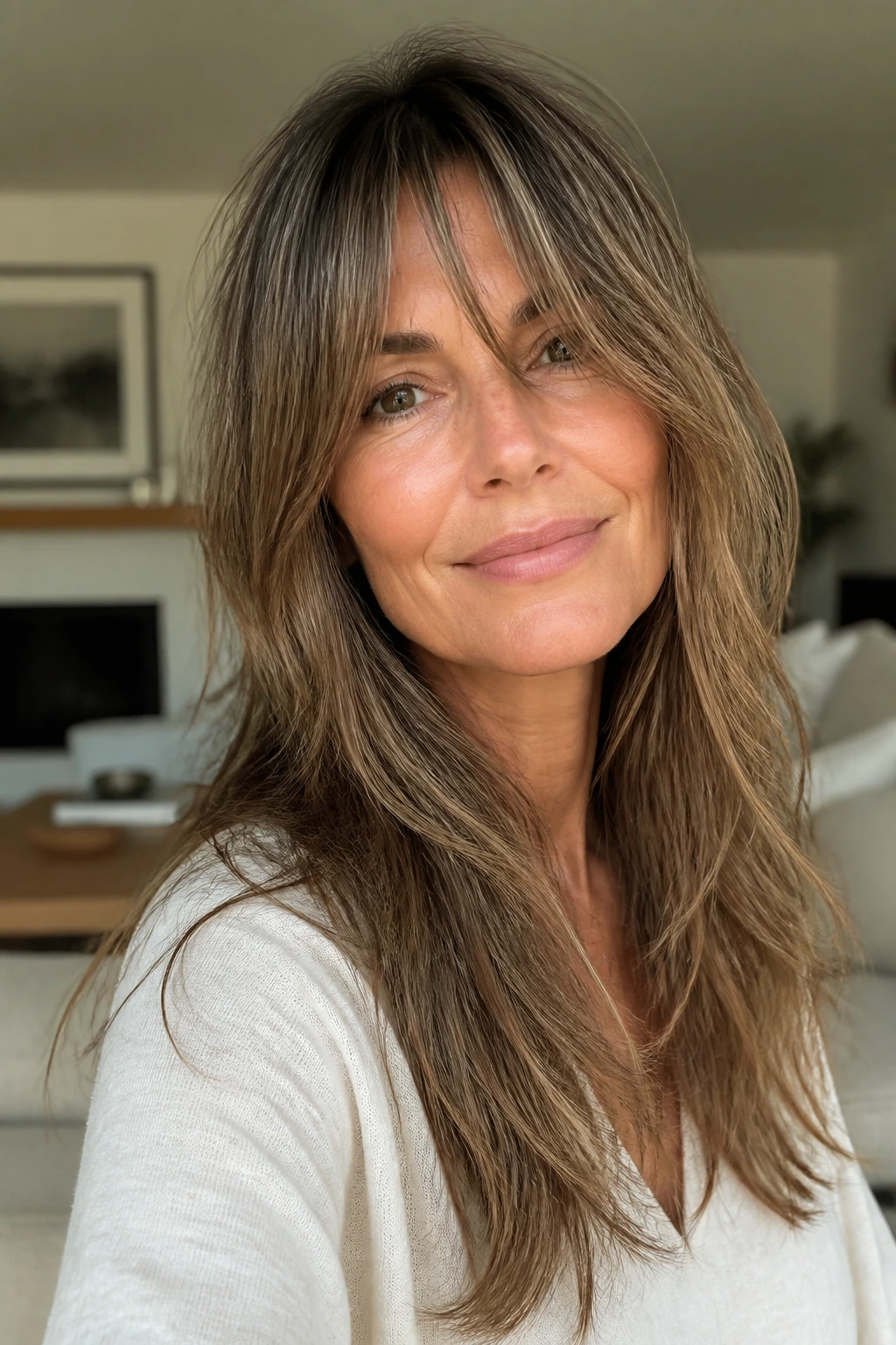 Close-up of a woman with long loose bangs and air-dried layers in natural light