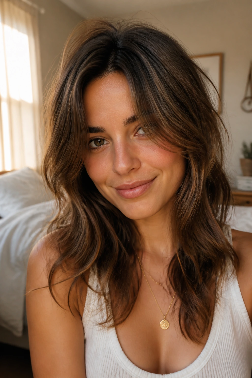 Portrait of a real person with air-dried layered hair and a middle part, in a sunlit room.