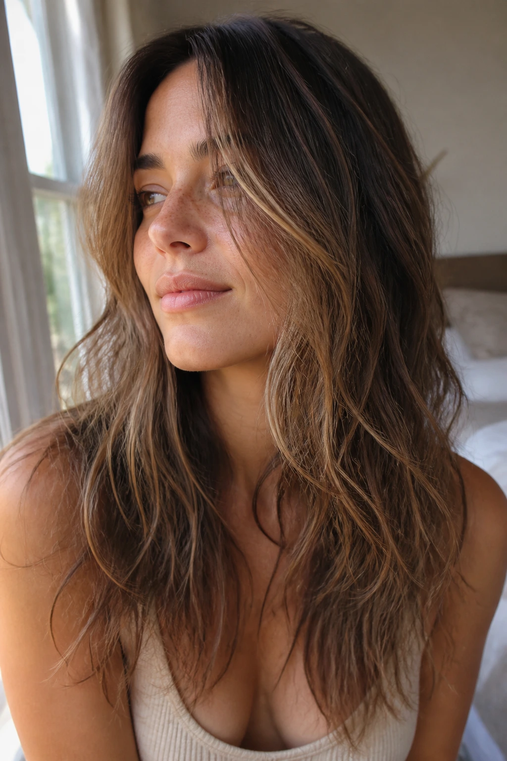 Close-up of a real woman with air-dried layered hair and natural bend showing babylights.