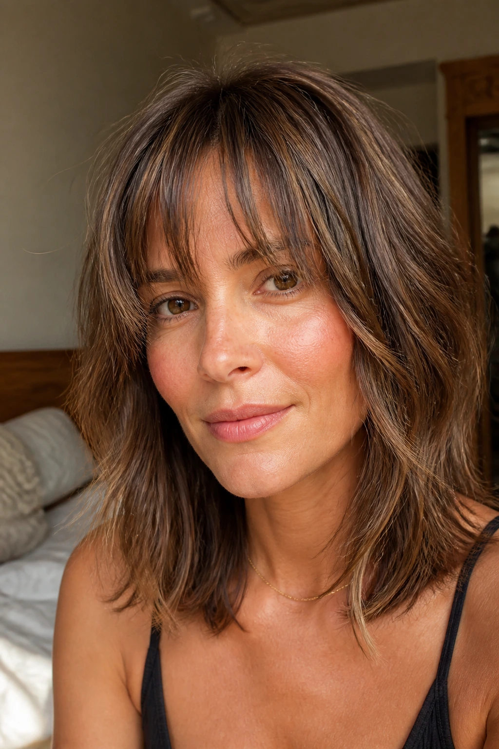 Close-up portrait of a real person with air-dried layers and piecey bangs