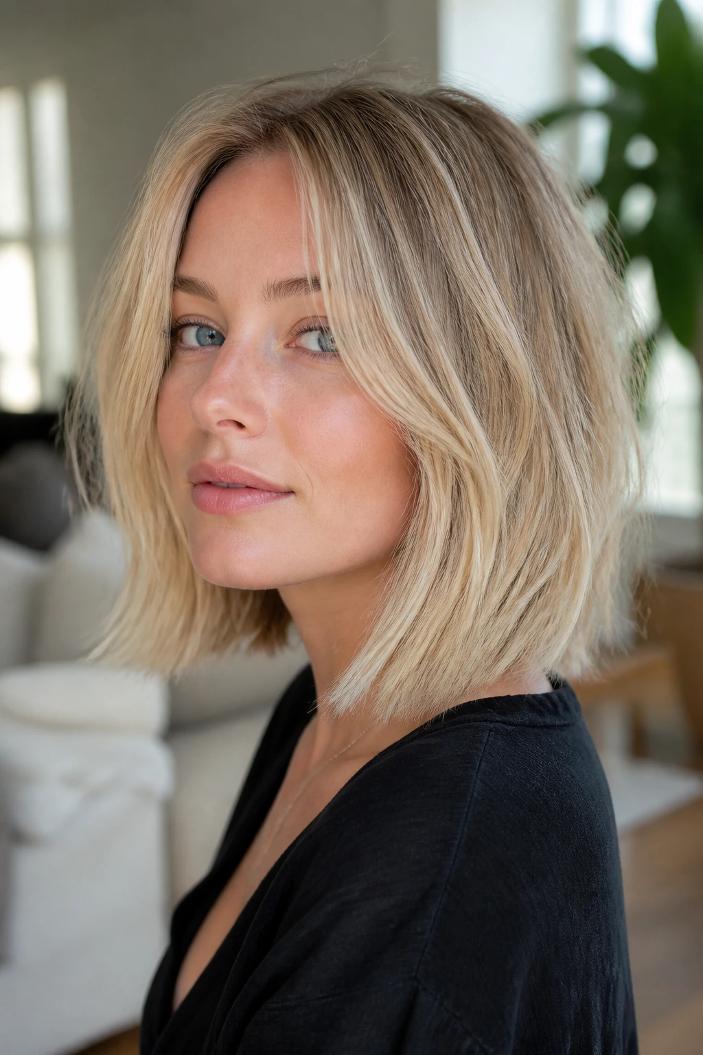 Close-up of real woman with air-dried lob and baby layers in sunlit living room