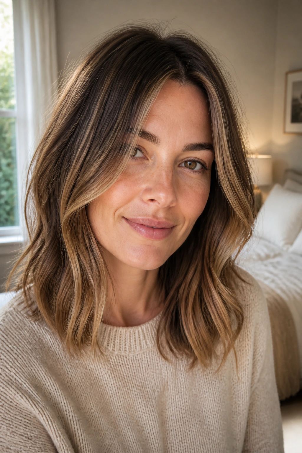 Close-up portrait of a real woman with an air-dried bend lob in warm window light