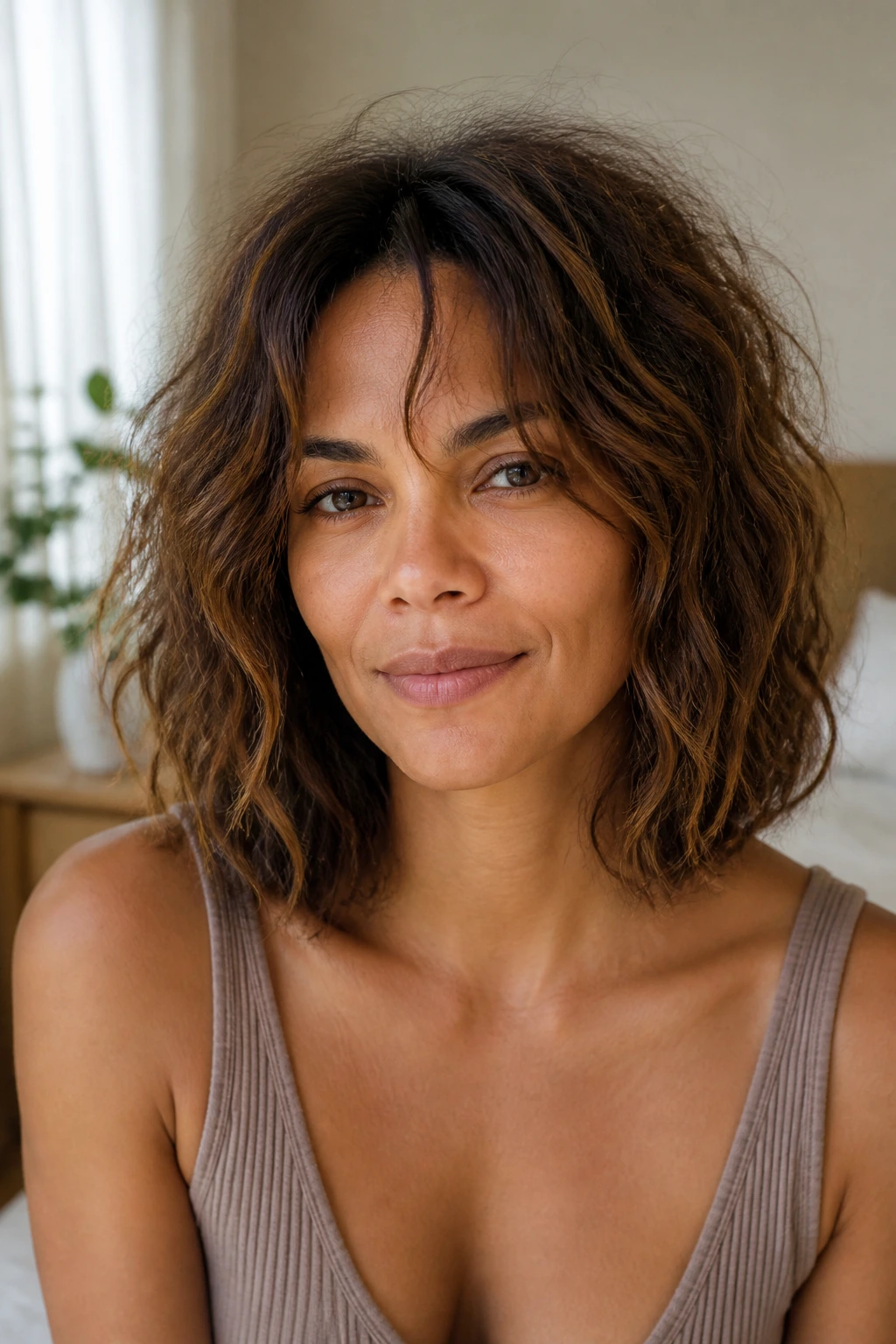 Close-up of a real woman with an air-dried lob and soft frizz at the crown