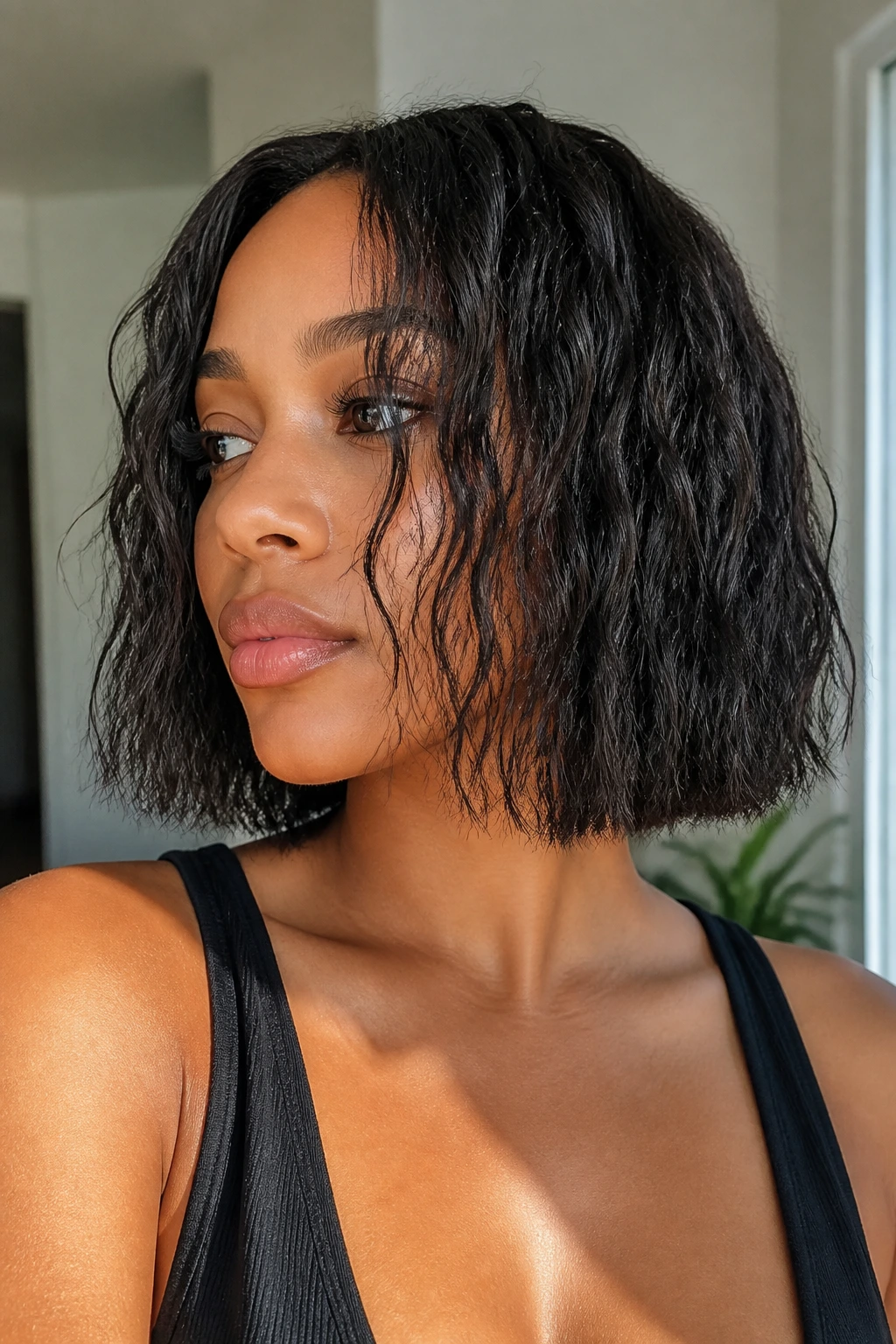 Close-up portrait of a real woman with an air-dried lob and defined ends under natural daylight