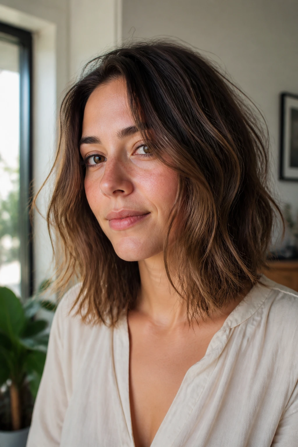Real woman with air-dried lob and soft piecey ends, natural texture.