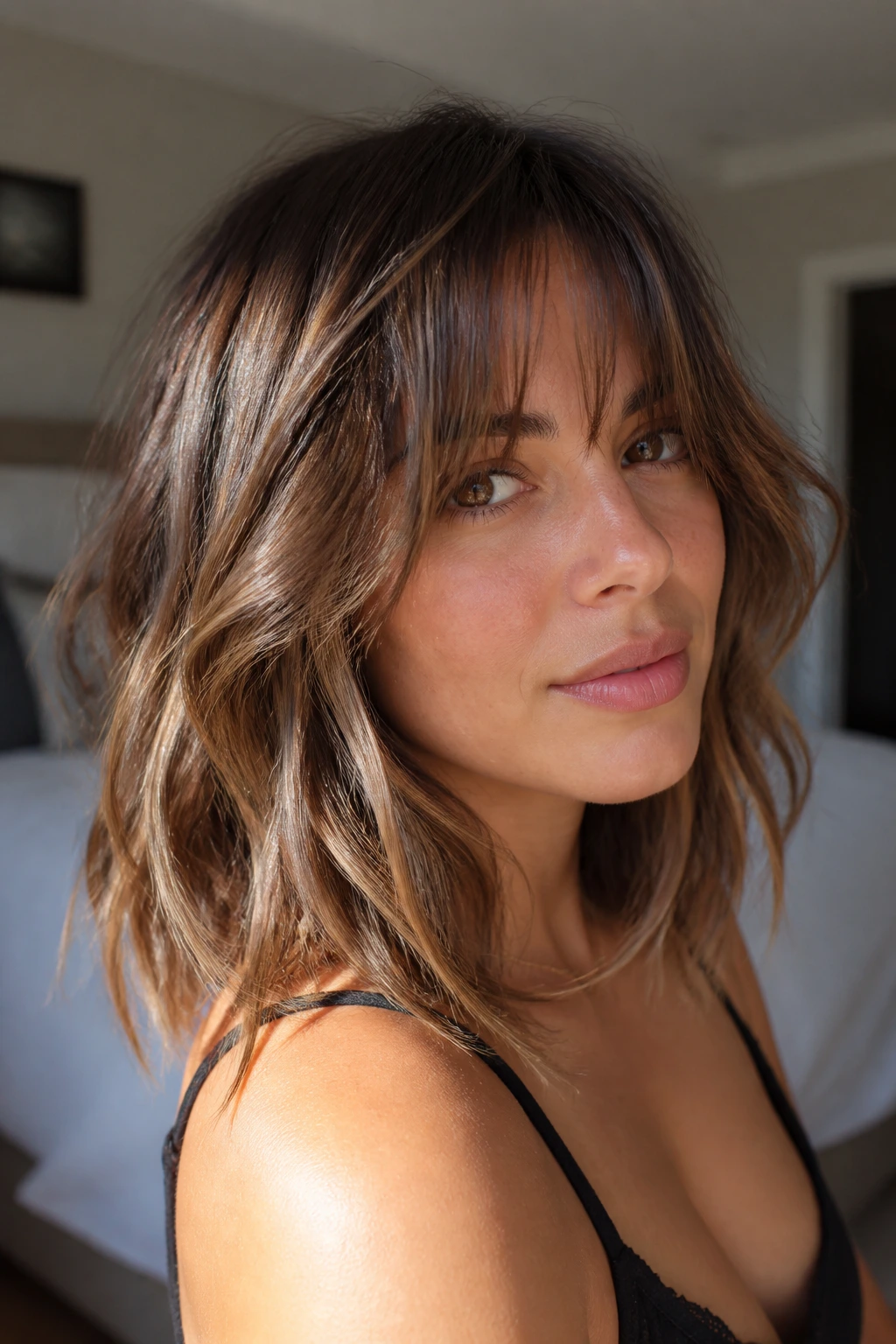 Close-up of a real woman with air-dried lob and face-framing fringe in natural light