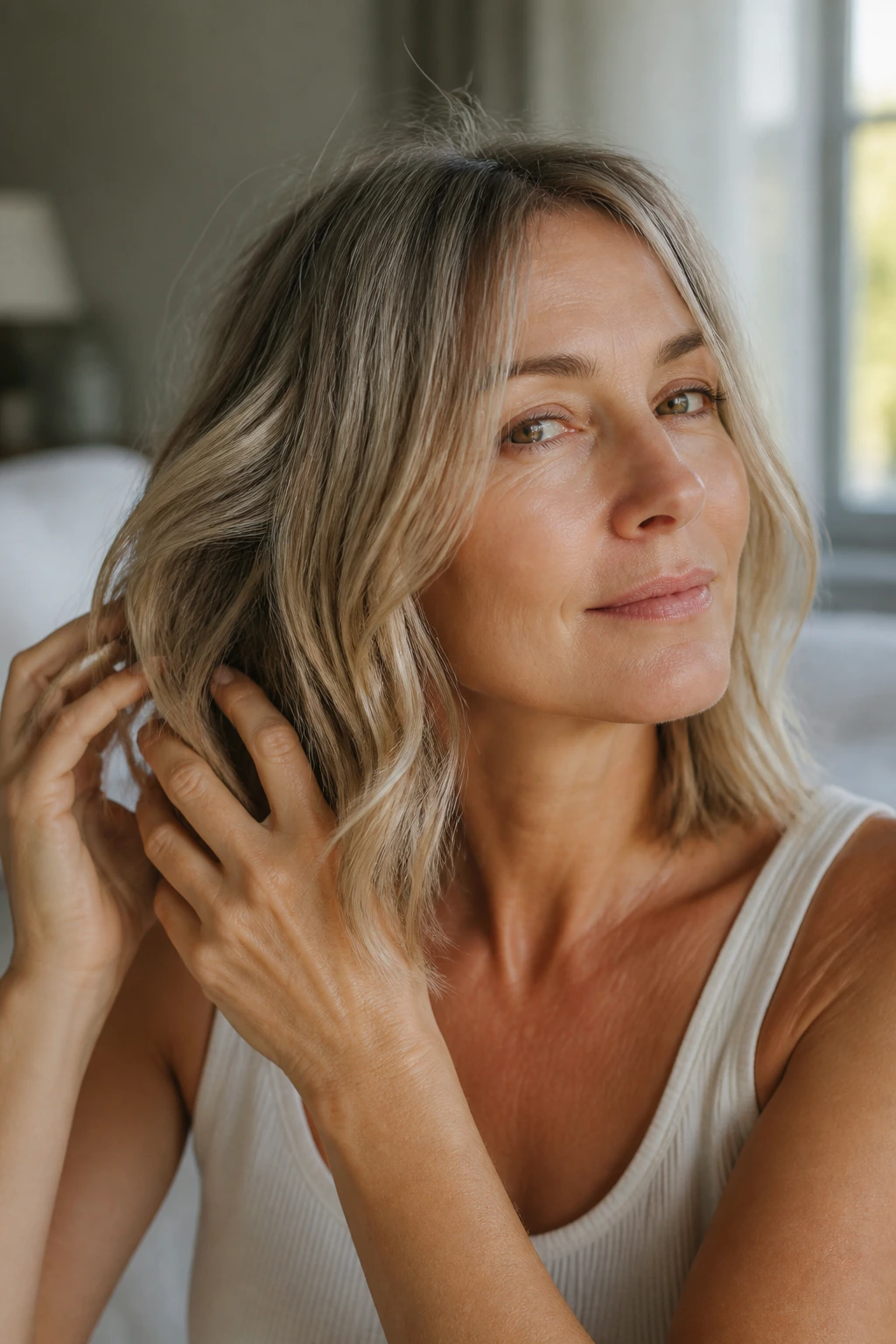 Close-up portrait of a real woman with an air-dried long lob for fine hair in soft window light