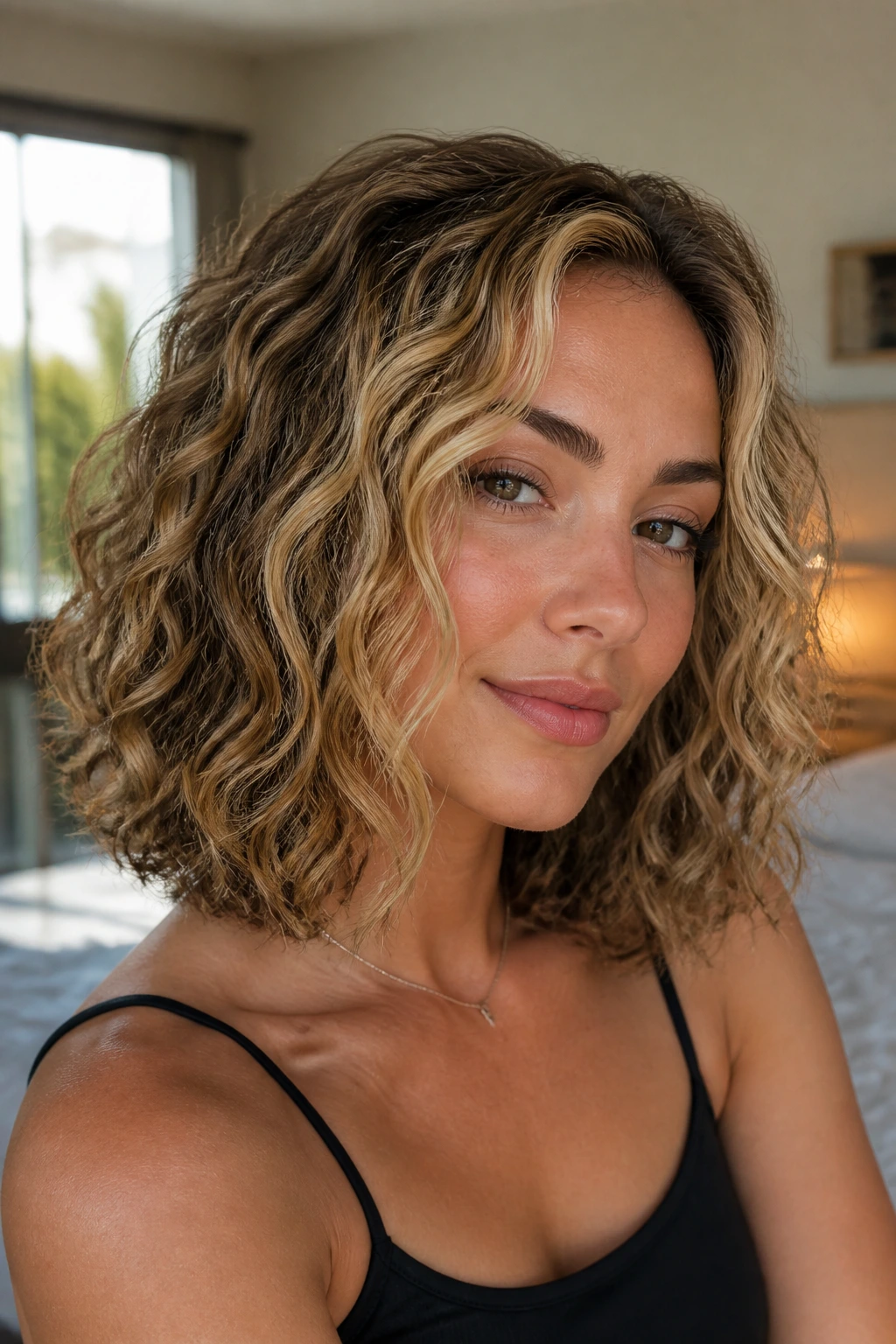 Close-up of a real woman with Air-Dried Lob showing lowlights and bright ribbons.