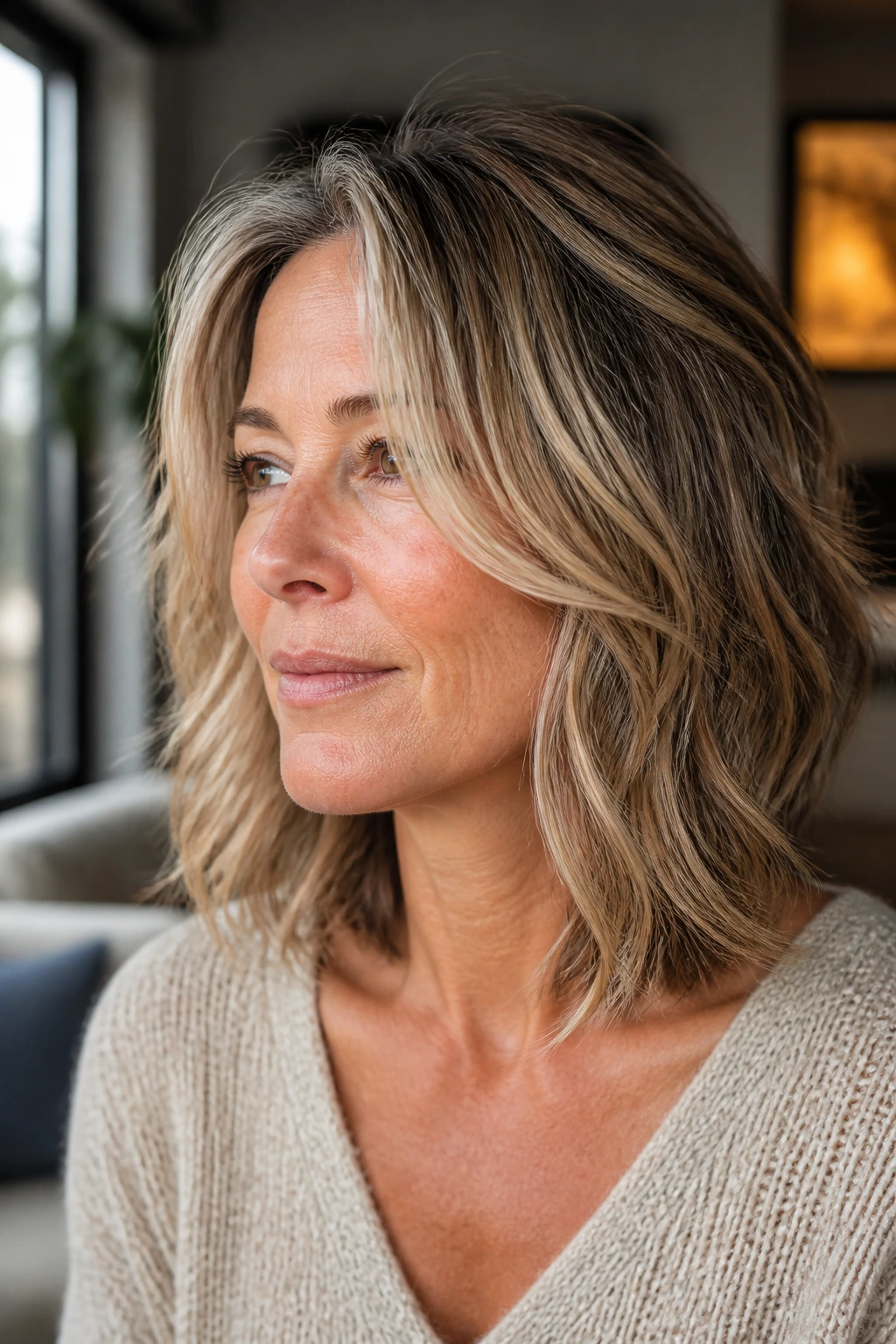 Close-up of a woman with an air-dried lob showing natural movement