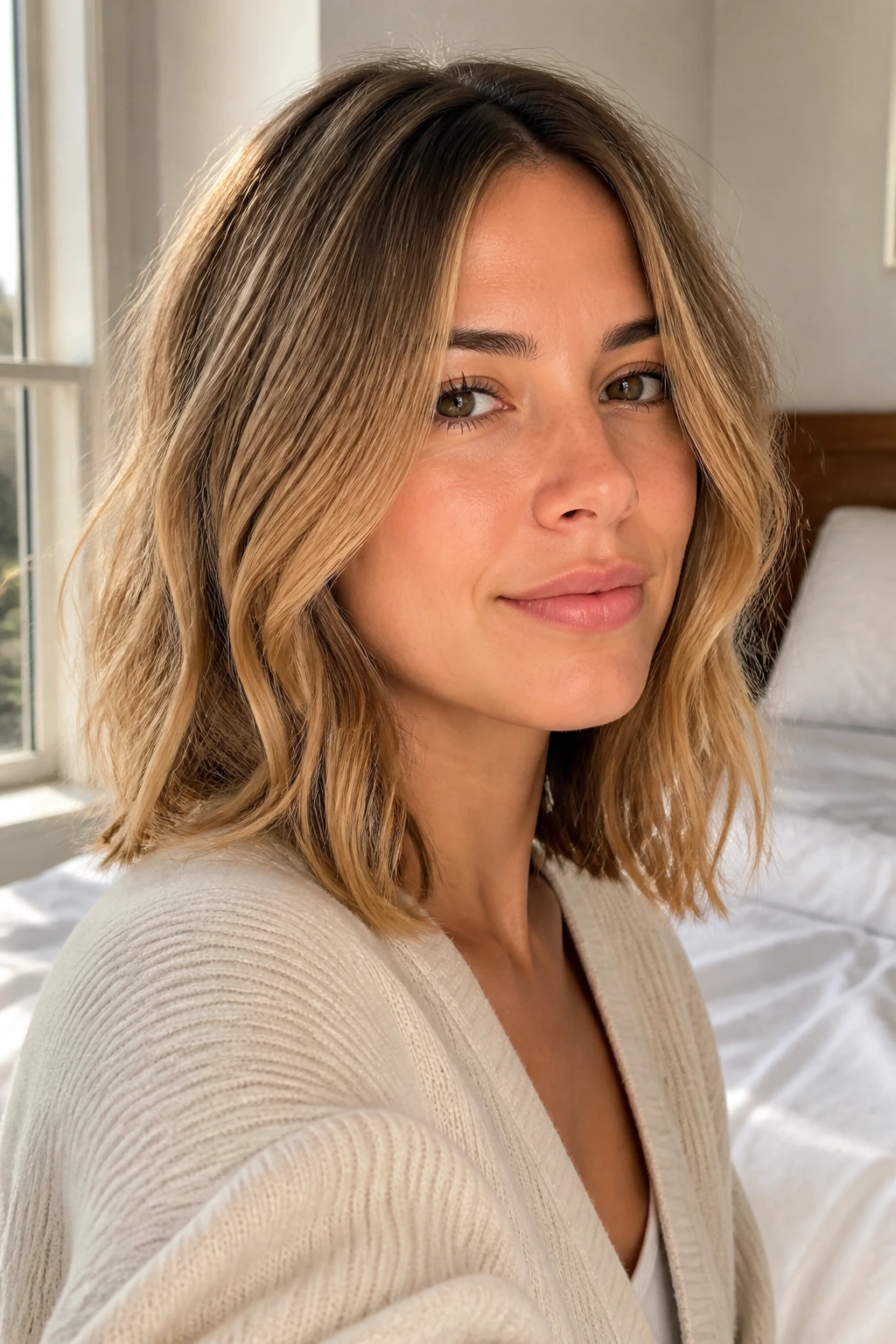 Close-up of a real woman with a shoulder-length air-dried lob showing natural bend