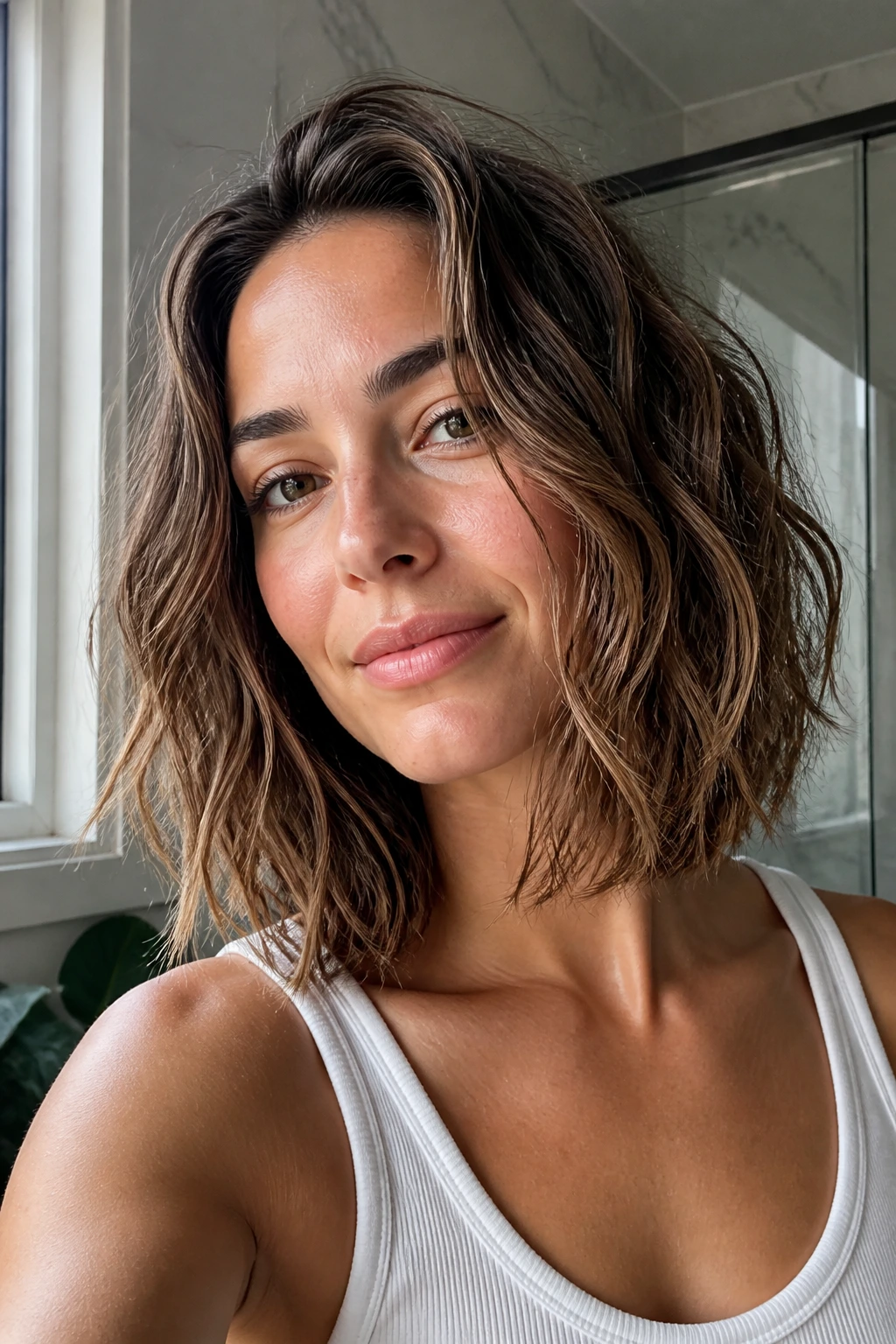 Close-up of a collarbone-length lob with natural waves air-dried