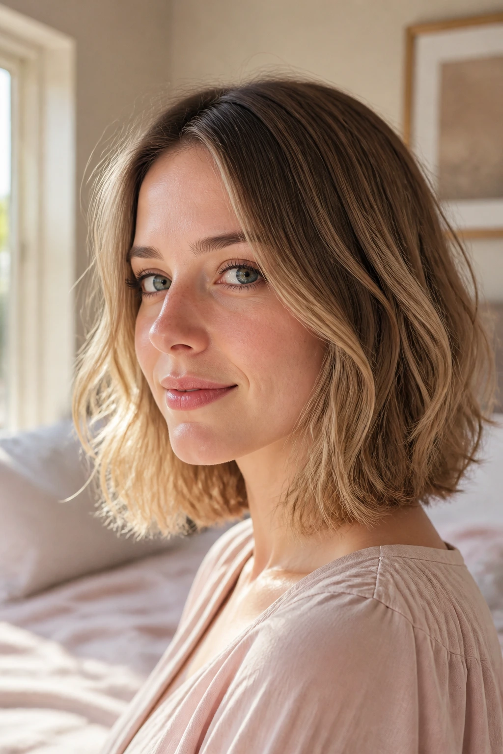 Close-up of a real woman with shoulder-length air-dried hair softly bent at the ends in warm window light