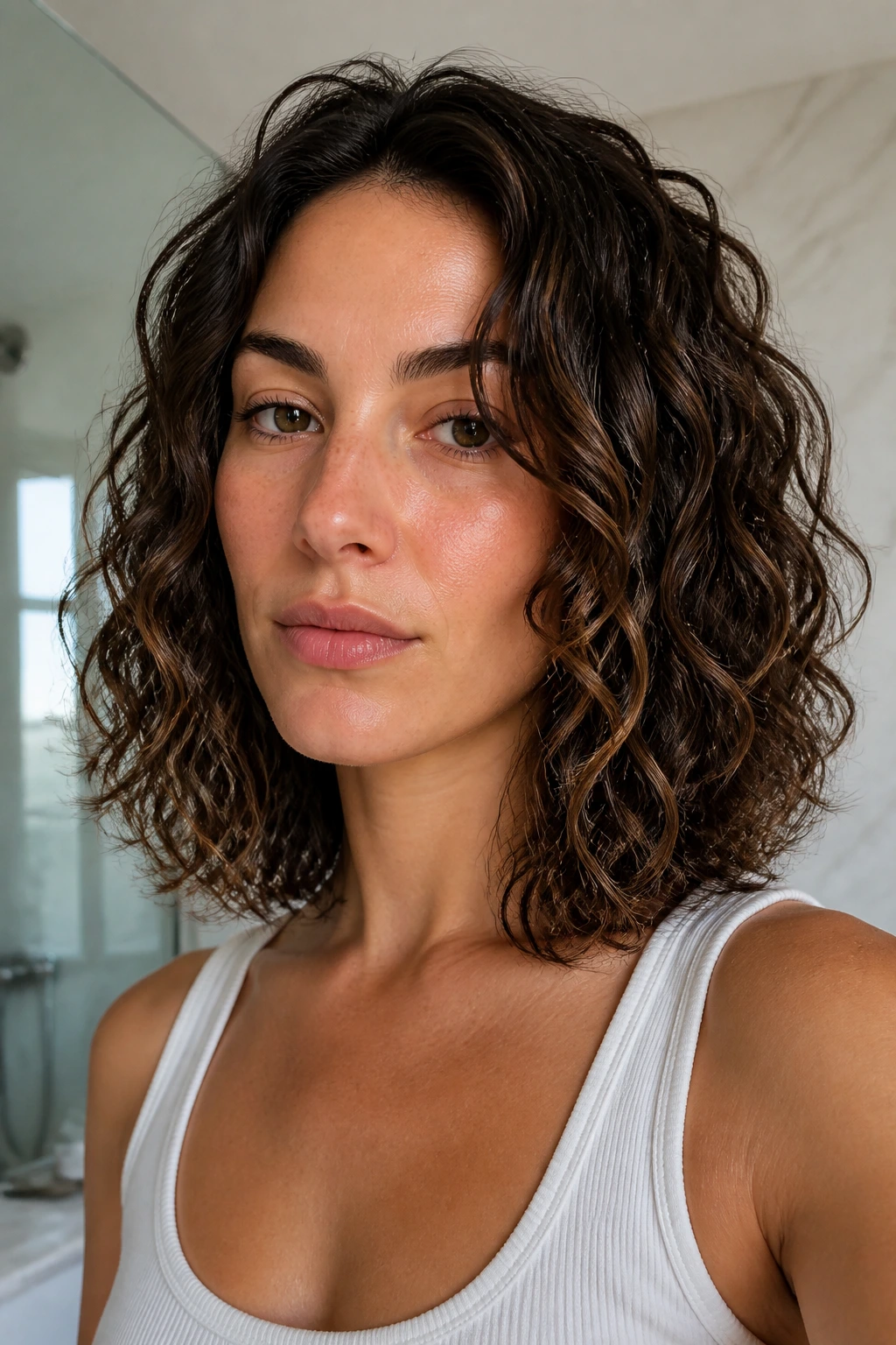 Close-up portrait of a real woman with air-dried lob and tapered ends