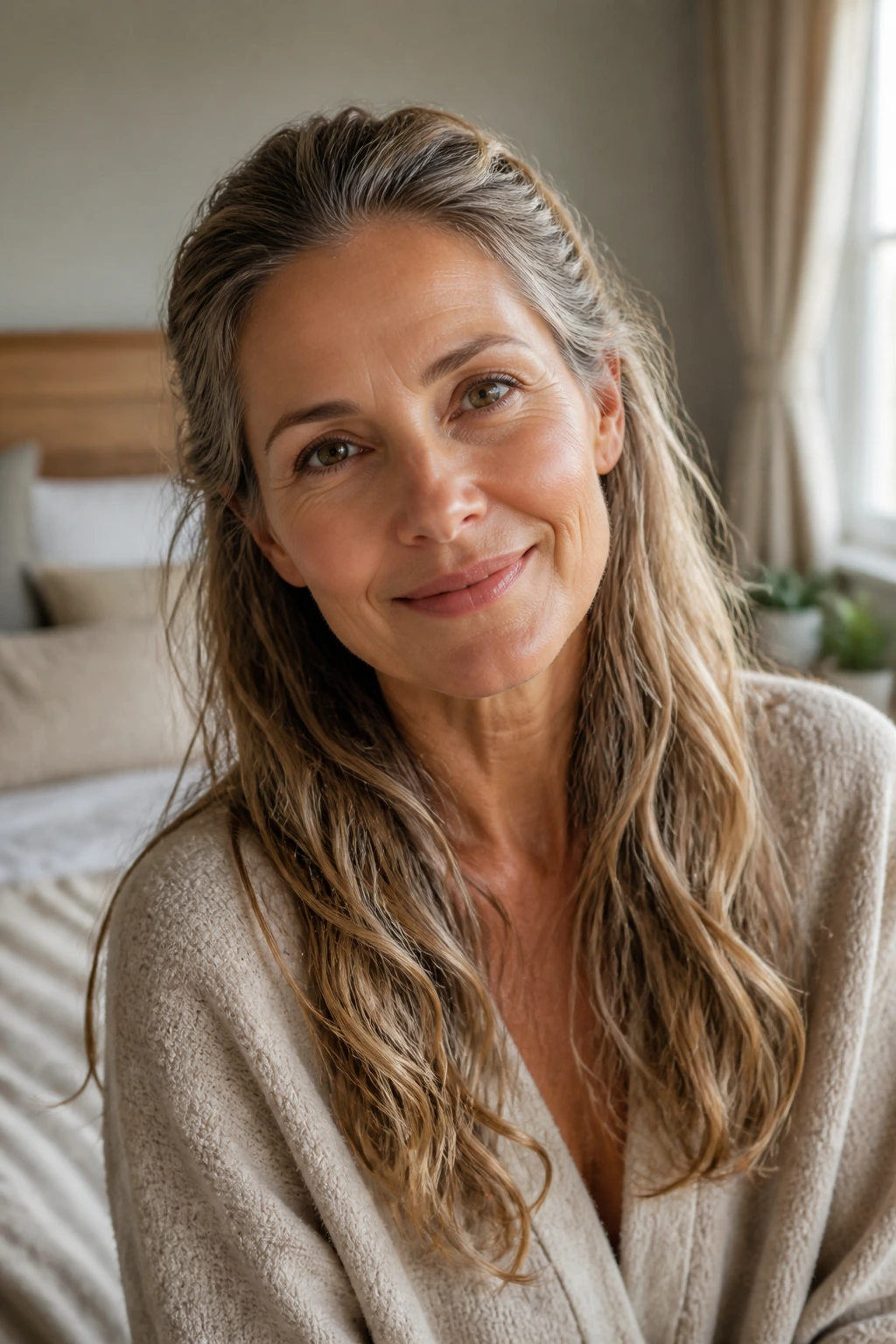 Close-up of a real woman with air-dried layered hair in a softly lit bedroom