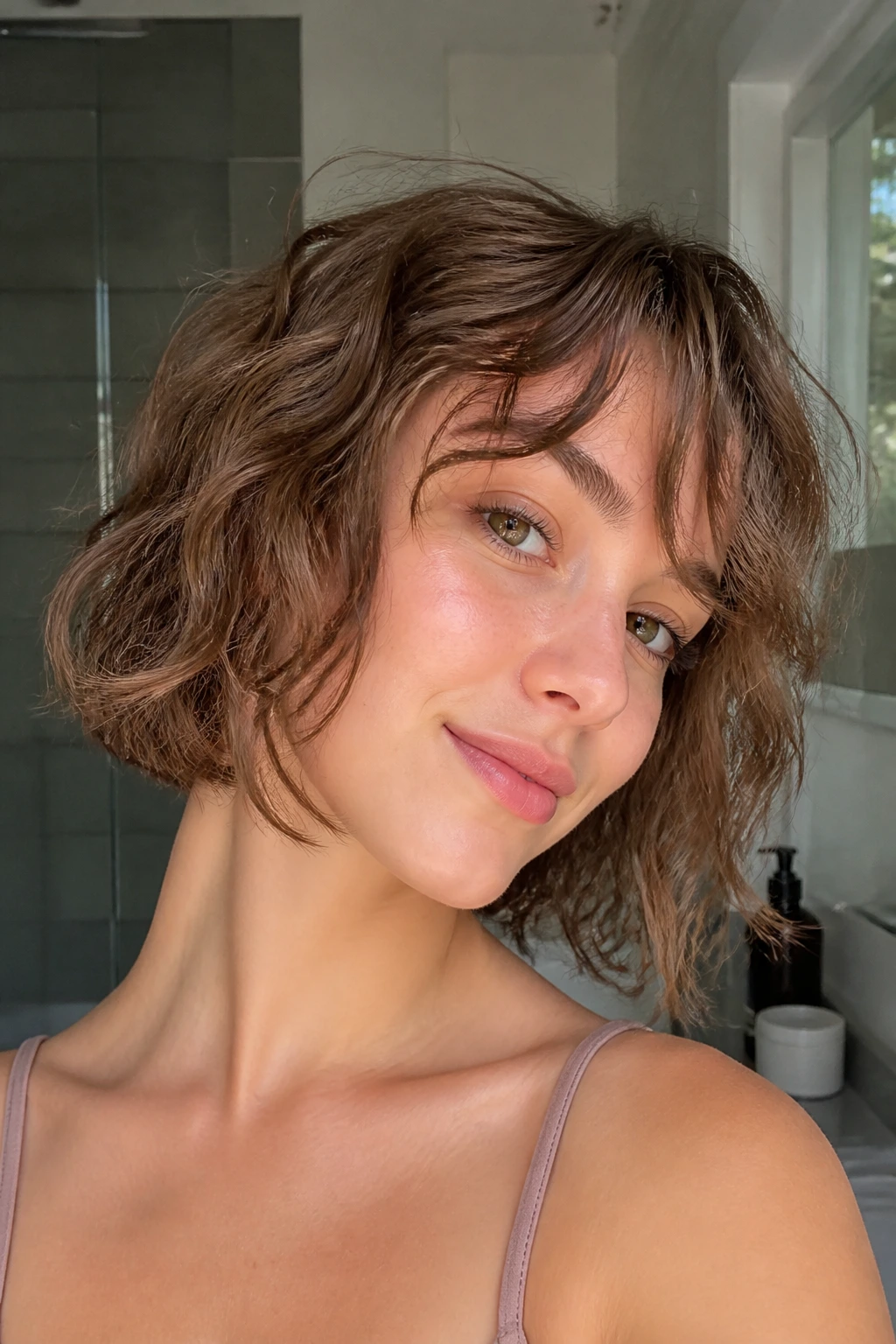 Close-up of a real woman with an air-dried mousse bob showing natural wave and texture