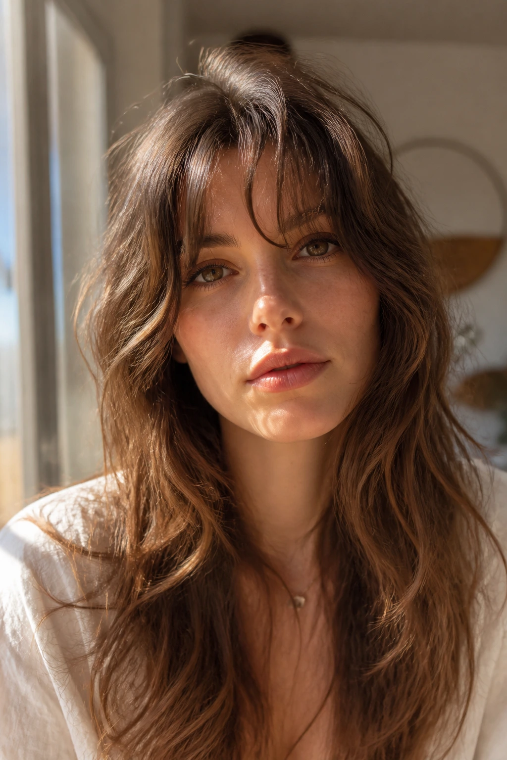 Close-up of a real woman with an air-dried natural fringe matching her texture.