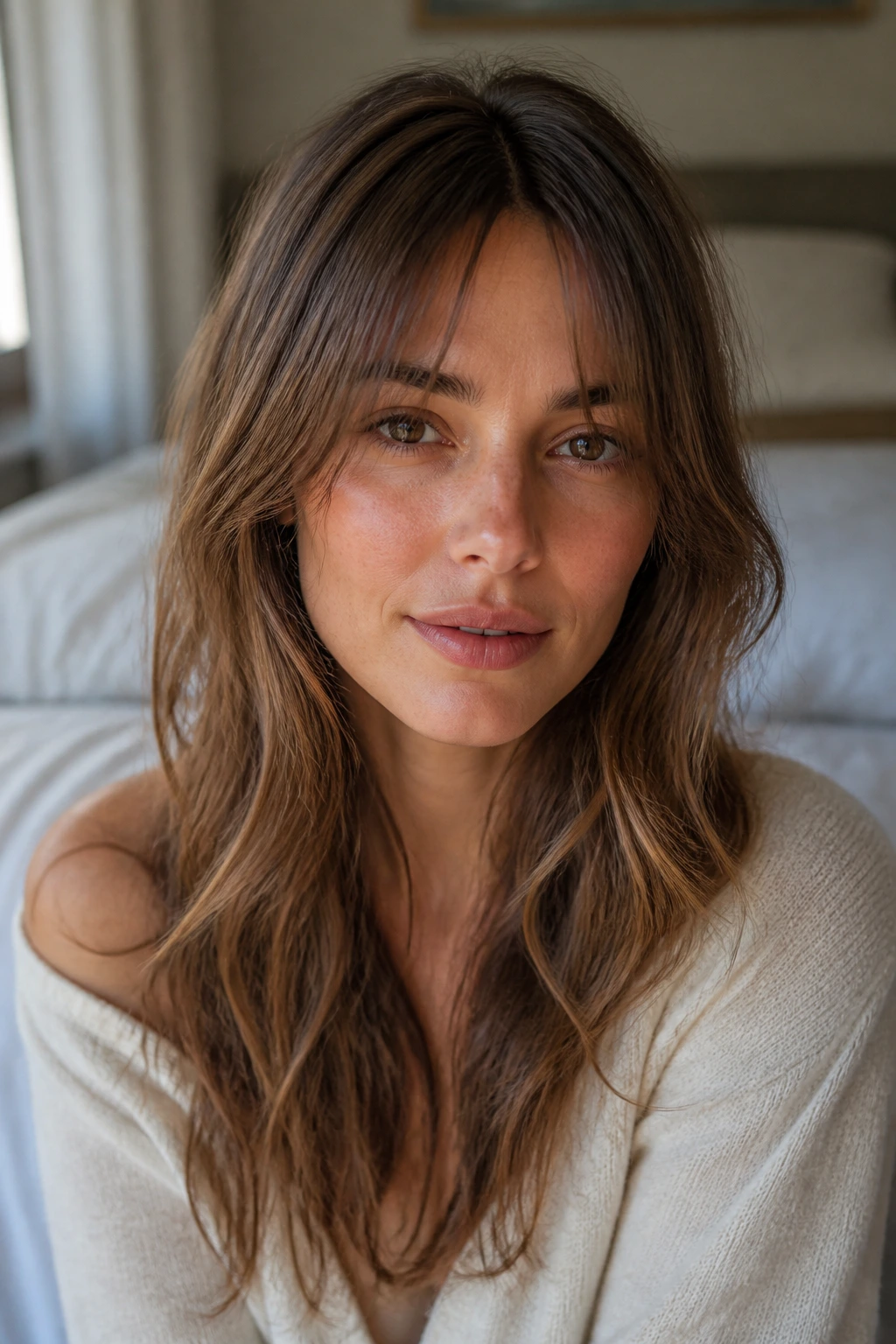Portrait of a woman with natural air-dried layers and face-opening bangs in a sunlit bedroom
