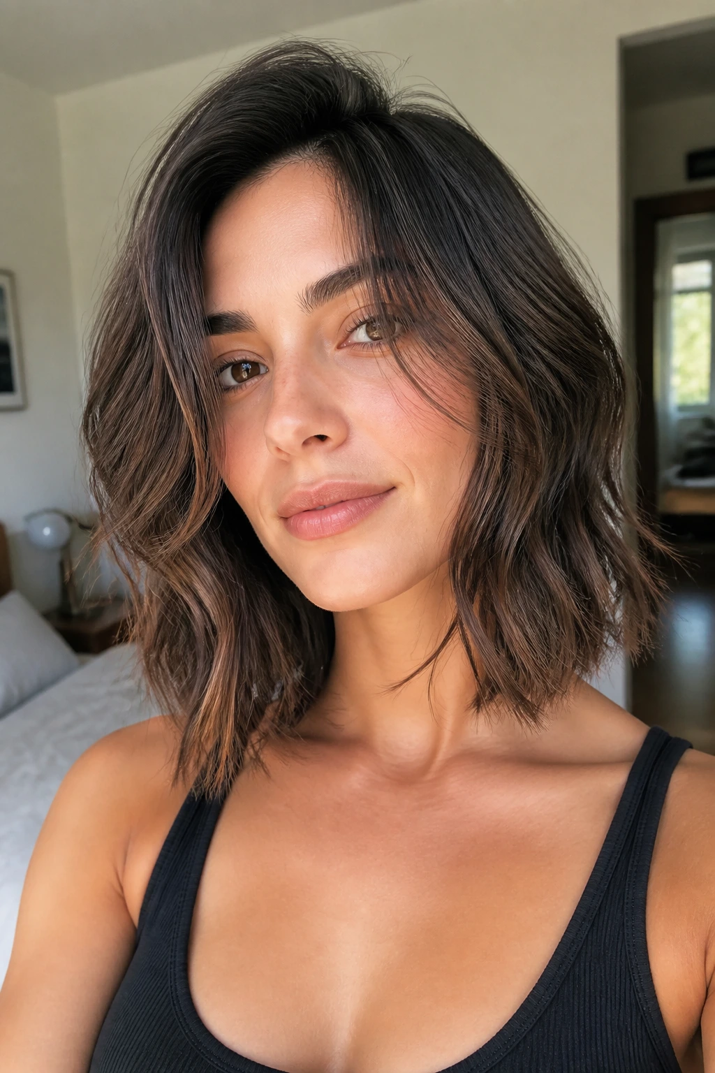 Real person with air-dried natural lob and soft waves in morning window light