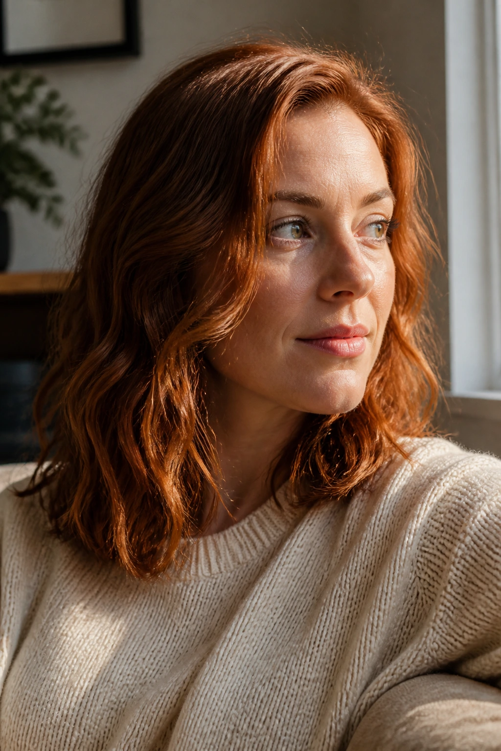 Close-up of a woman with air-dried natural texture and glossy finish on medium red hair