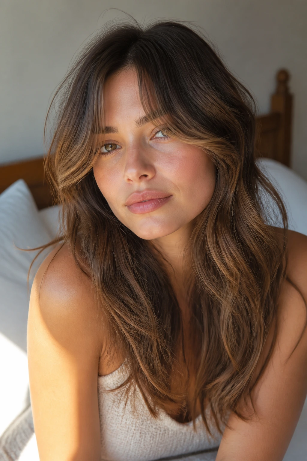 Real woman with air-dried natural waves and curtain bangs in sunlit room