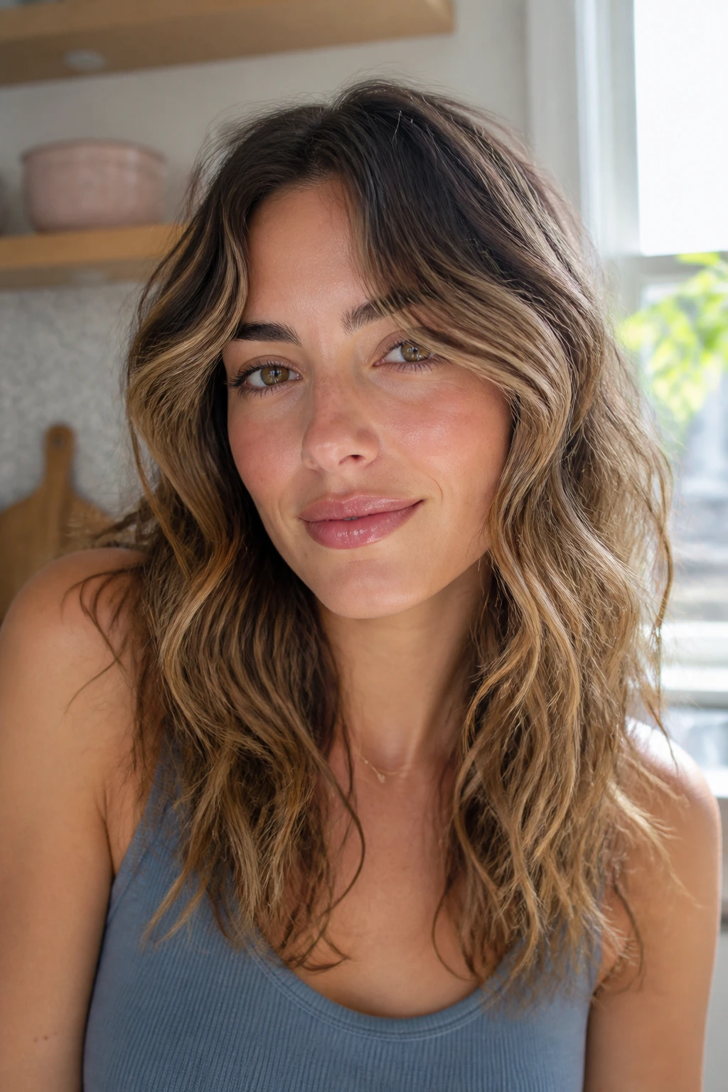 Close-up of a real woman with air-dried scrunch-and-go waves and curtain bangs