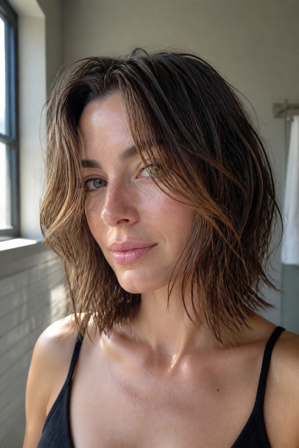Portrait of a woman with an air-dried shag lob and piecey texture, front pieces tucked away.