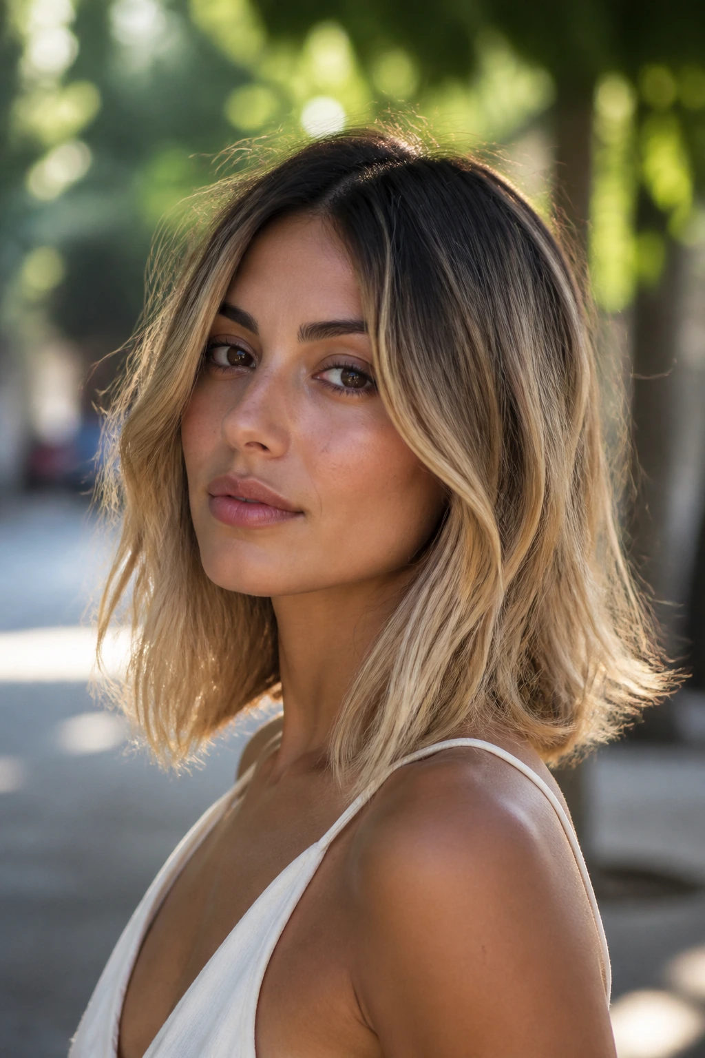Portrait of a real woman with olive skin showing an air-dried shoulder cut with sun-kissed ends