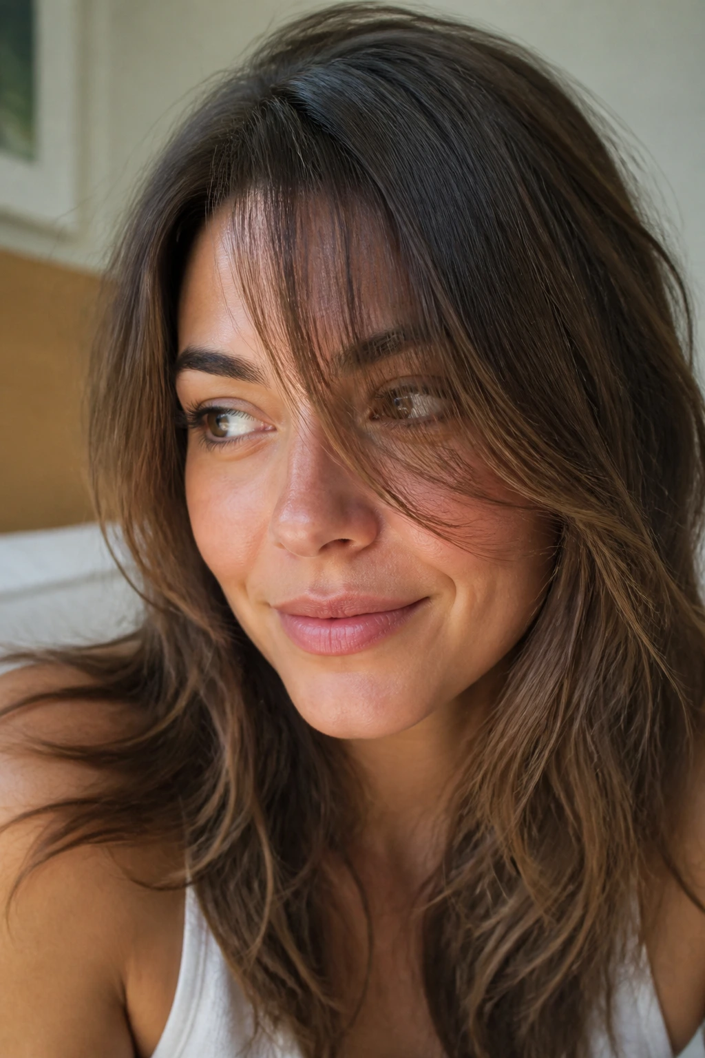 Close-up of a real woman with air-dried side bangs and natural texture