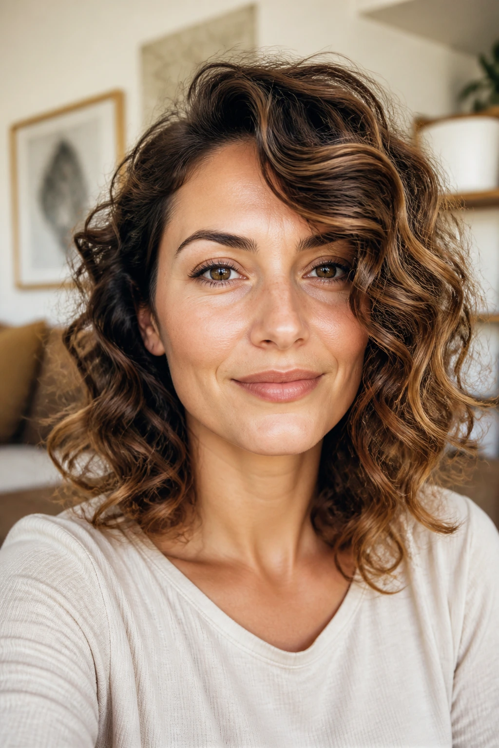 Close-up portrait of a real woman with an air-dried side flip hairstyle.