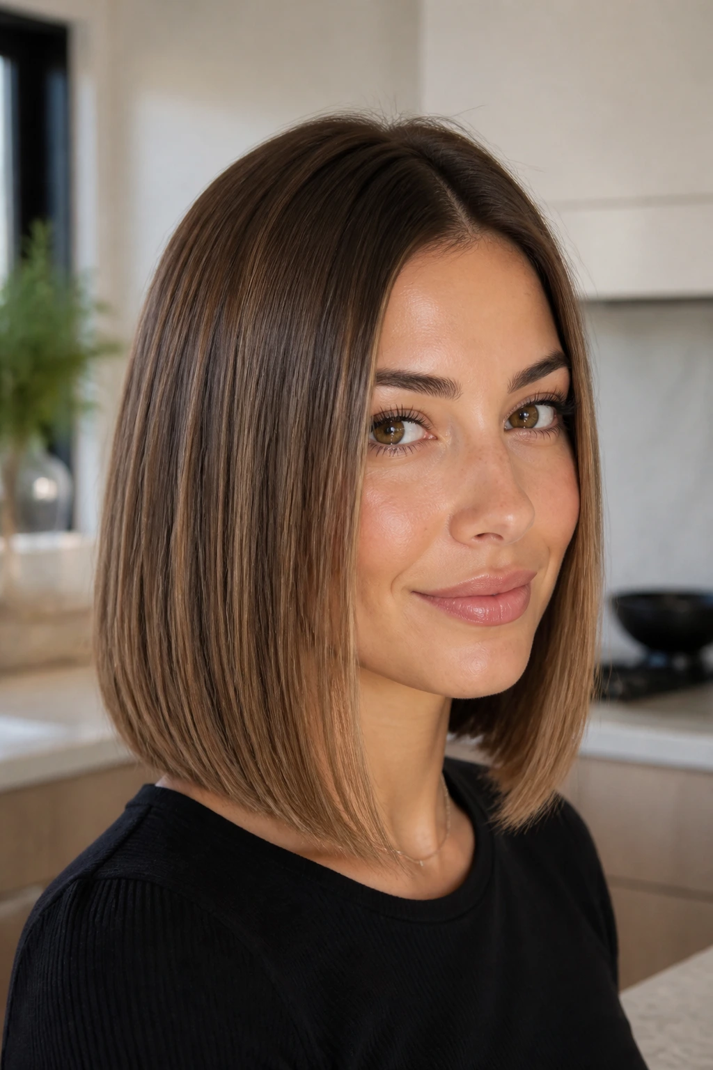 Close-up of a woman with a sleek, air-dried lob and clean perimeter.